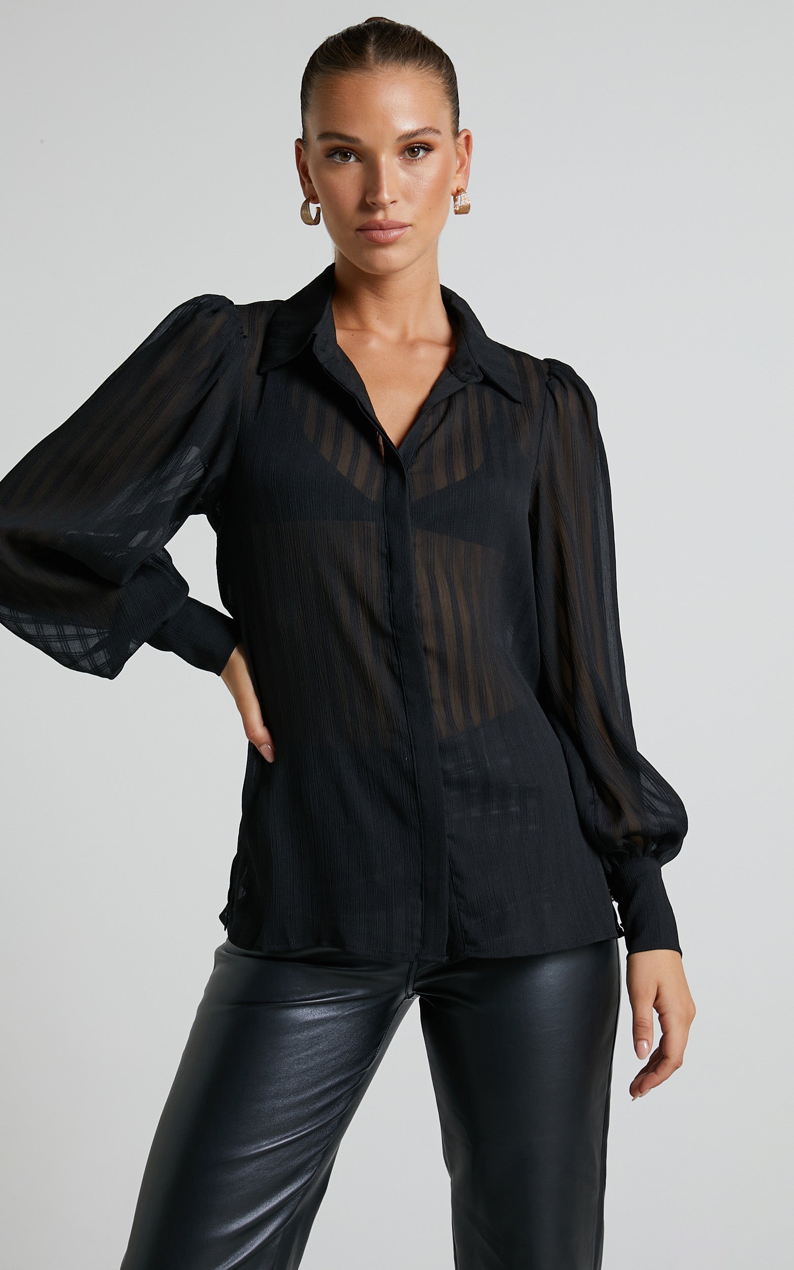 Nitale Blouse - Stripe Bishop Sleeve Blouse in Black