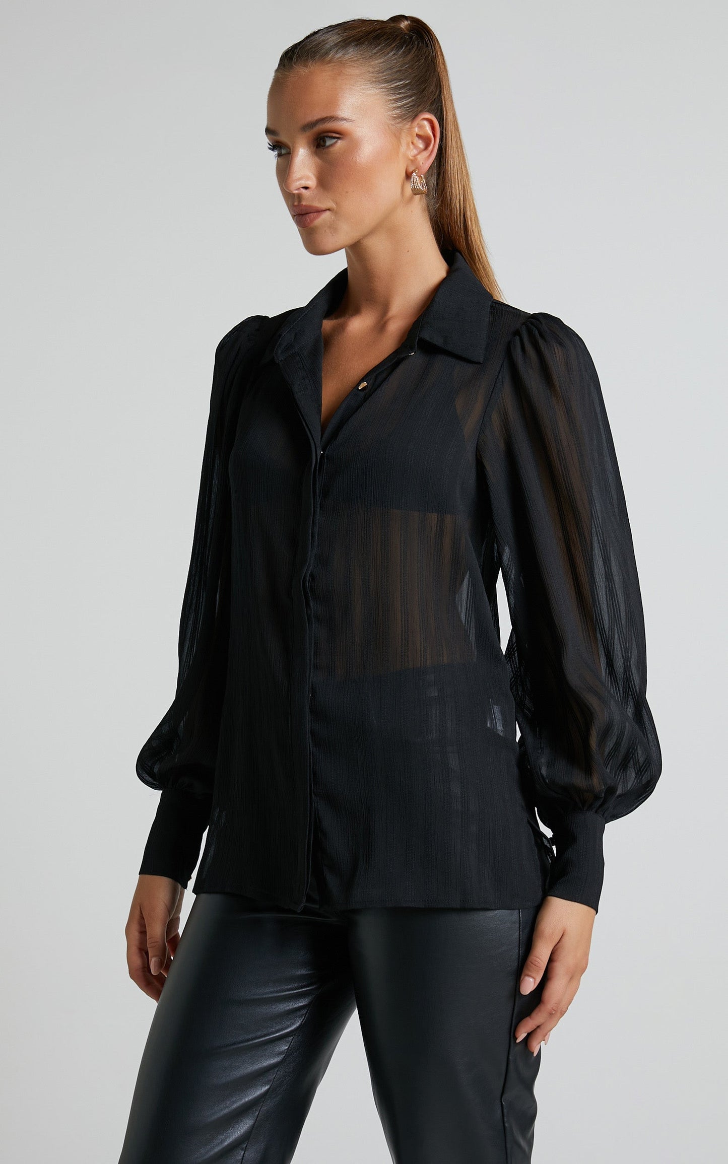 Nitale Blouse - Stripe Bishop Sleeve Blouse in Black