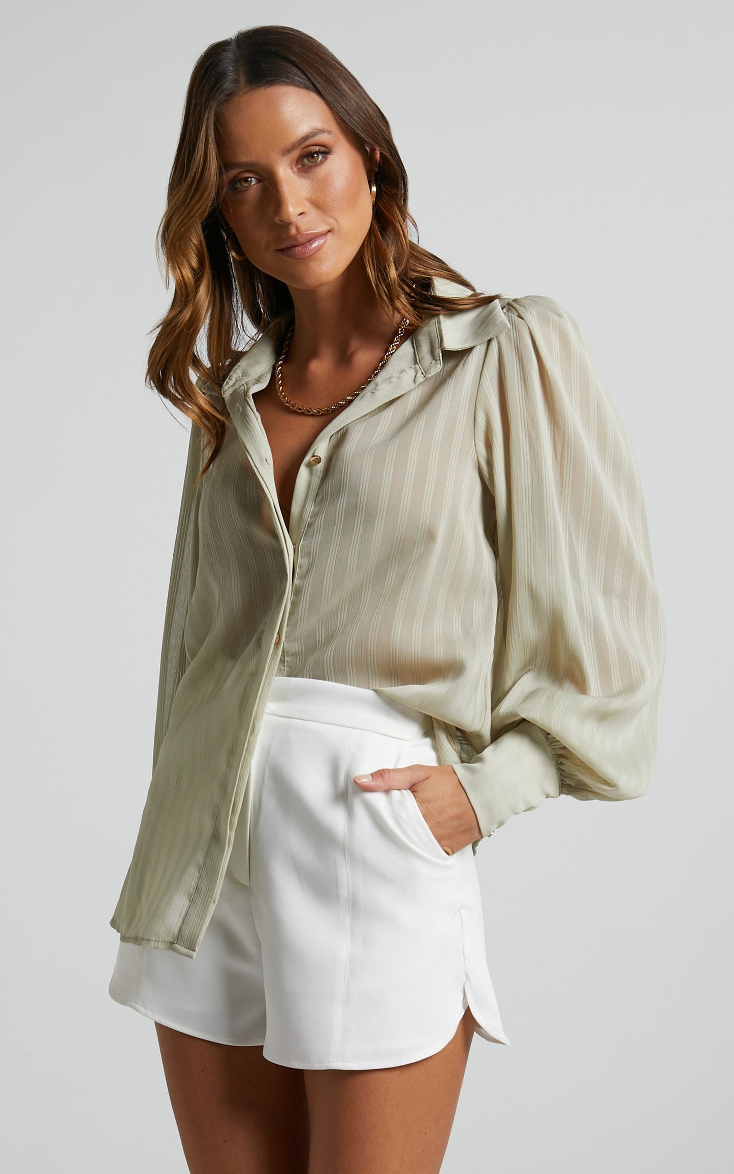 Nitale Blouse - Stripe Bishop Sleeve Blouse in Sage