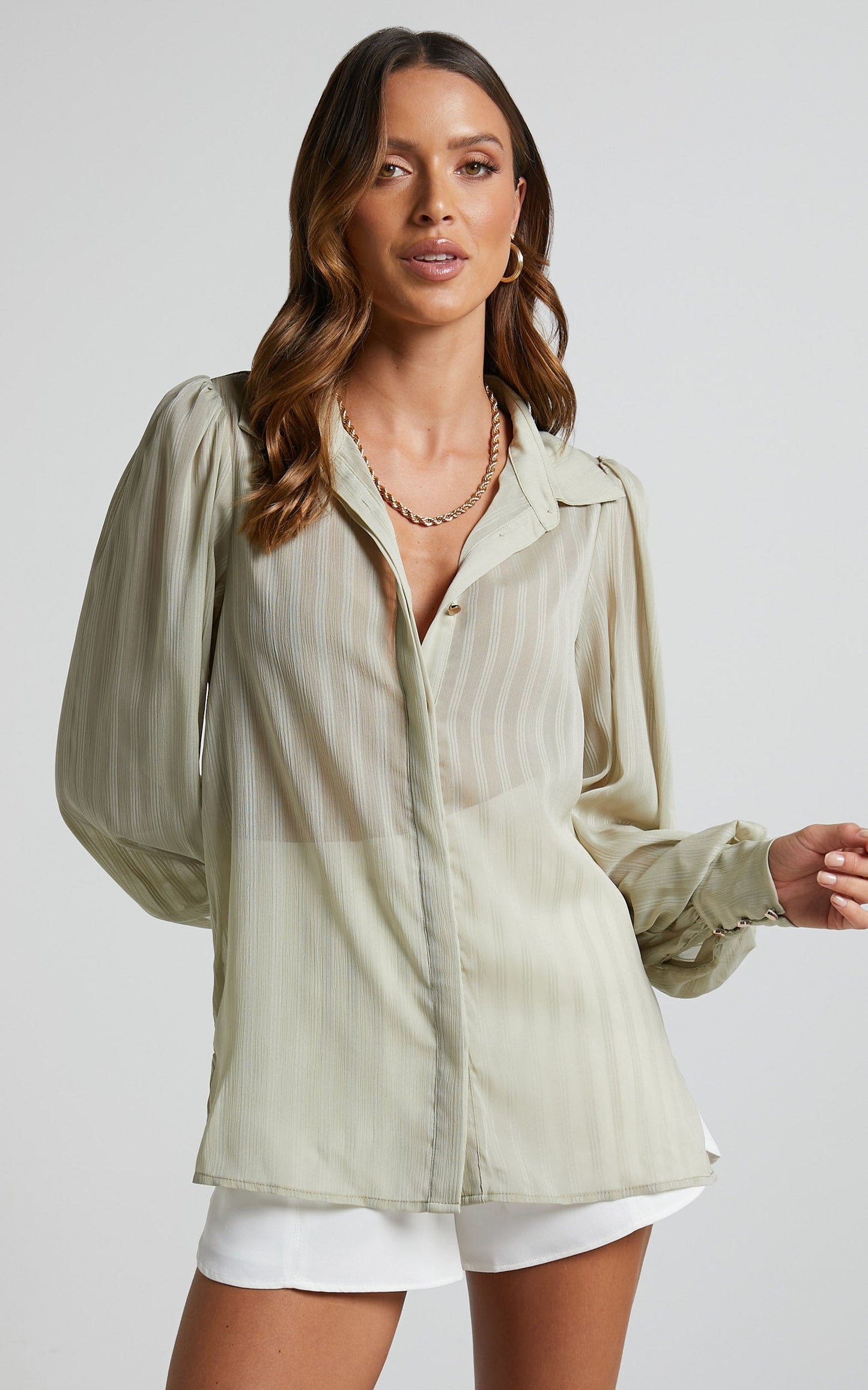 Nitale Blouse - Stripe Bishop Sleeve Blouse in Sage