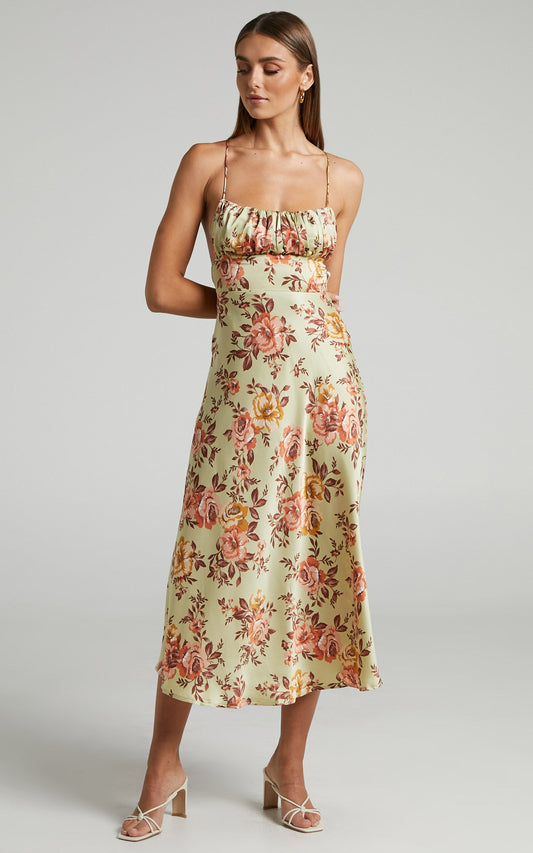 Noah Midi Dress - Gathered Bustier Dress in Green & Peach Floral