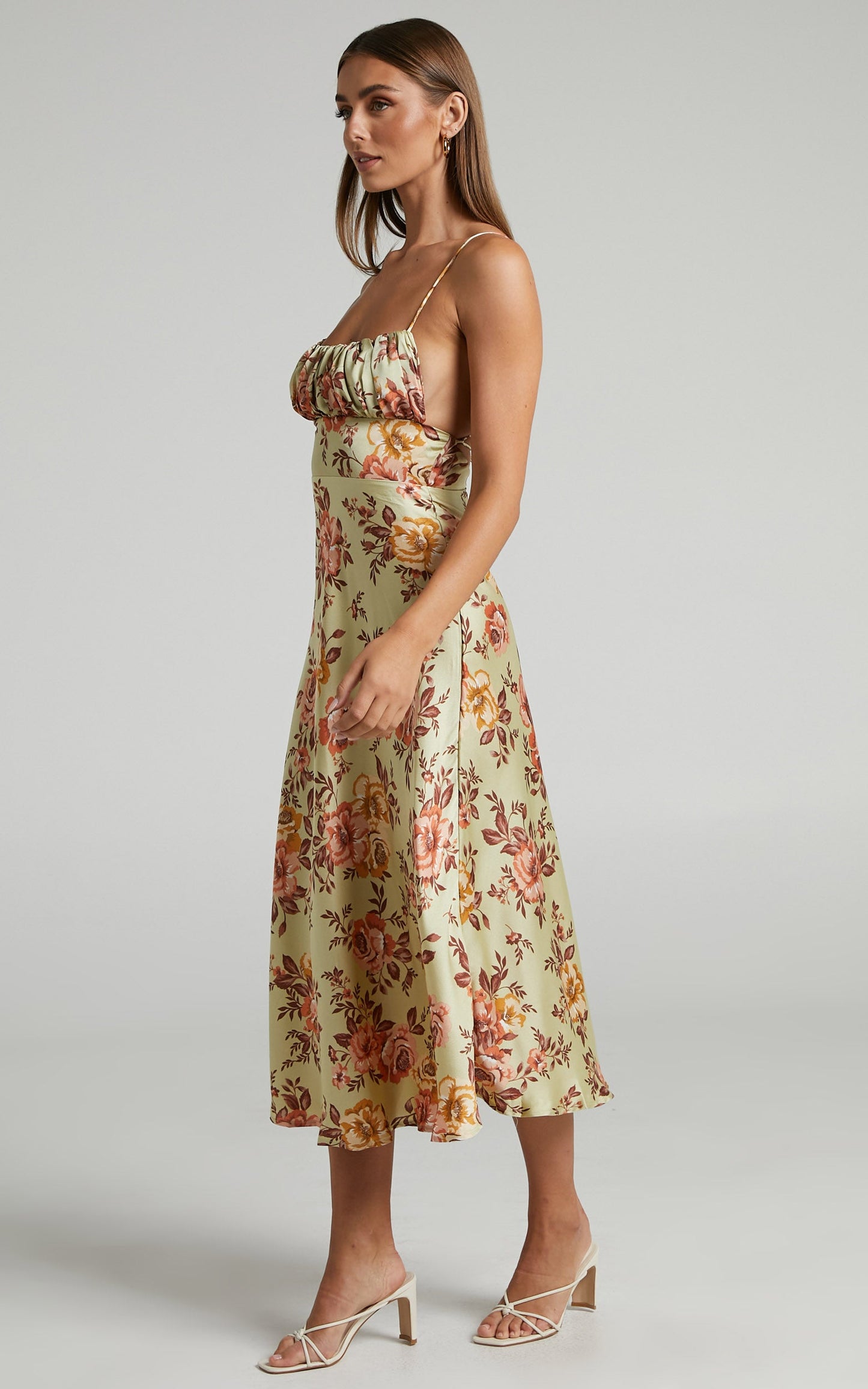 Noah Midi Dress - Gathered Bustier Dress in Green & Peach Floral