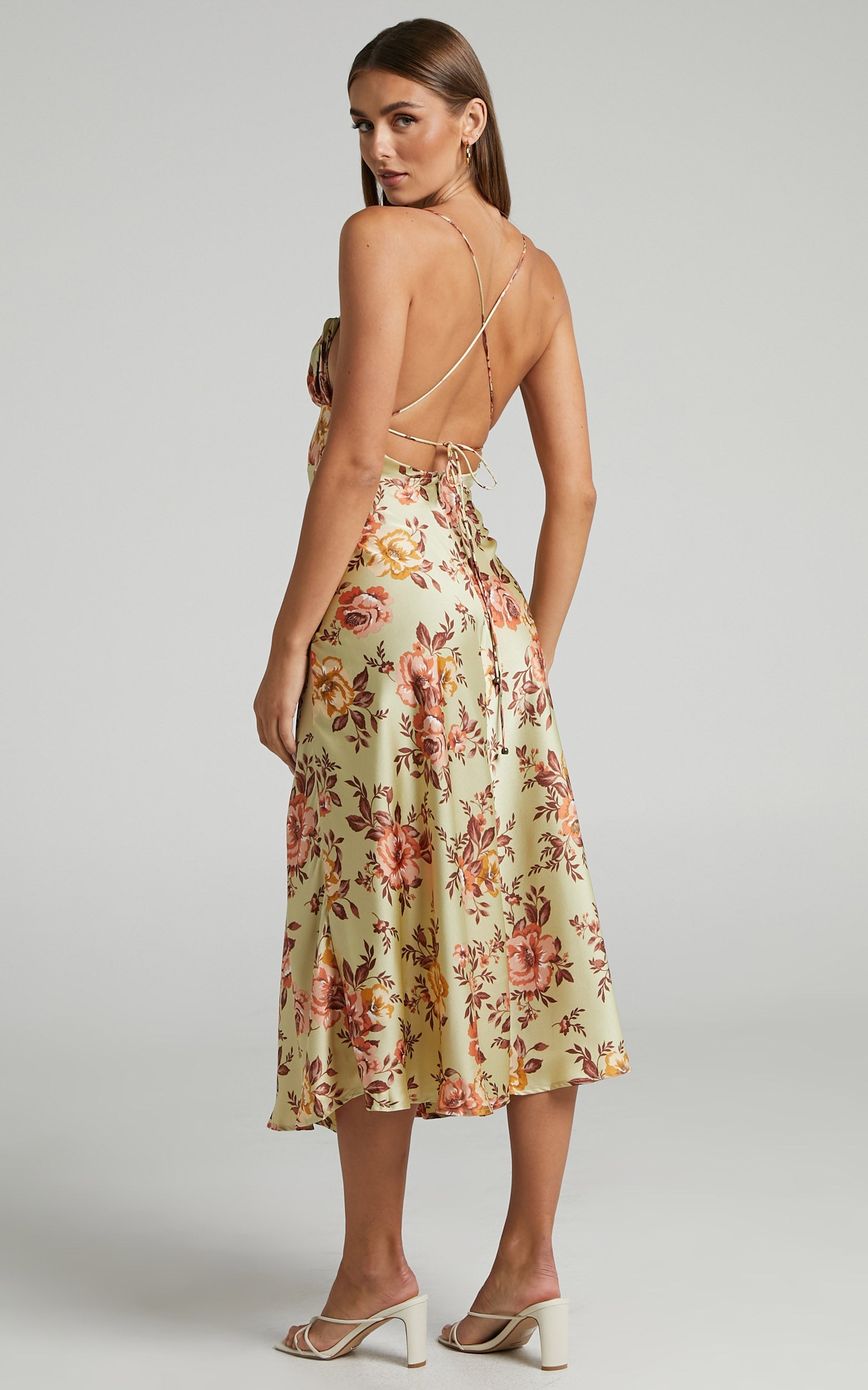 Noah Midi Dress - Gathered Bustier Dress in Green & Peach Floral