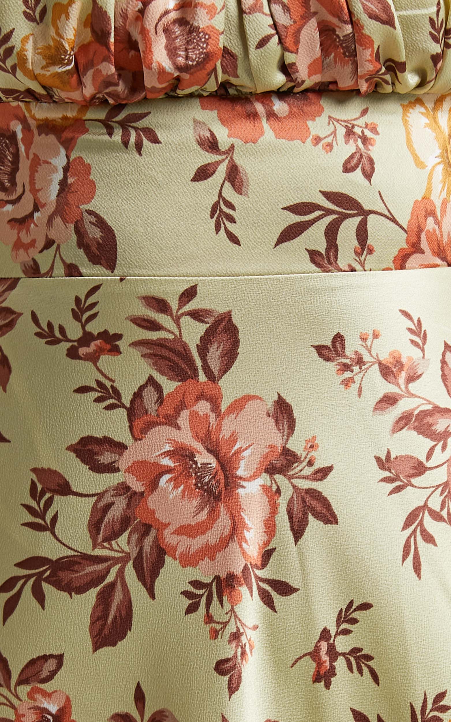 Noah Midi Dress - Gathered Bustier Dress in Green & Peach Floral