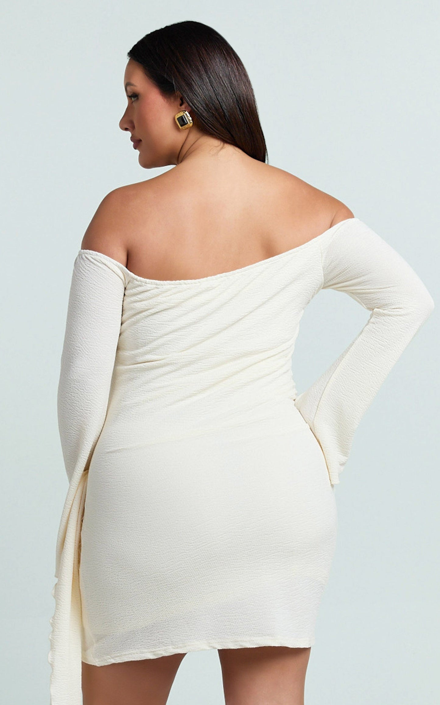 Noah Mini Dress - Off Shoulder Draped Skirt Jersey Dress in Cream