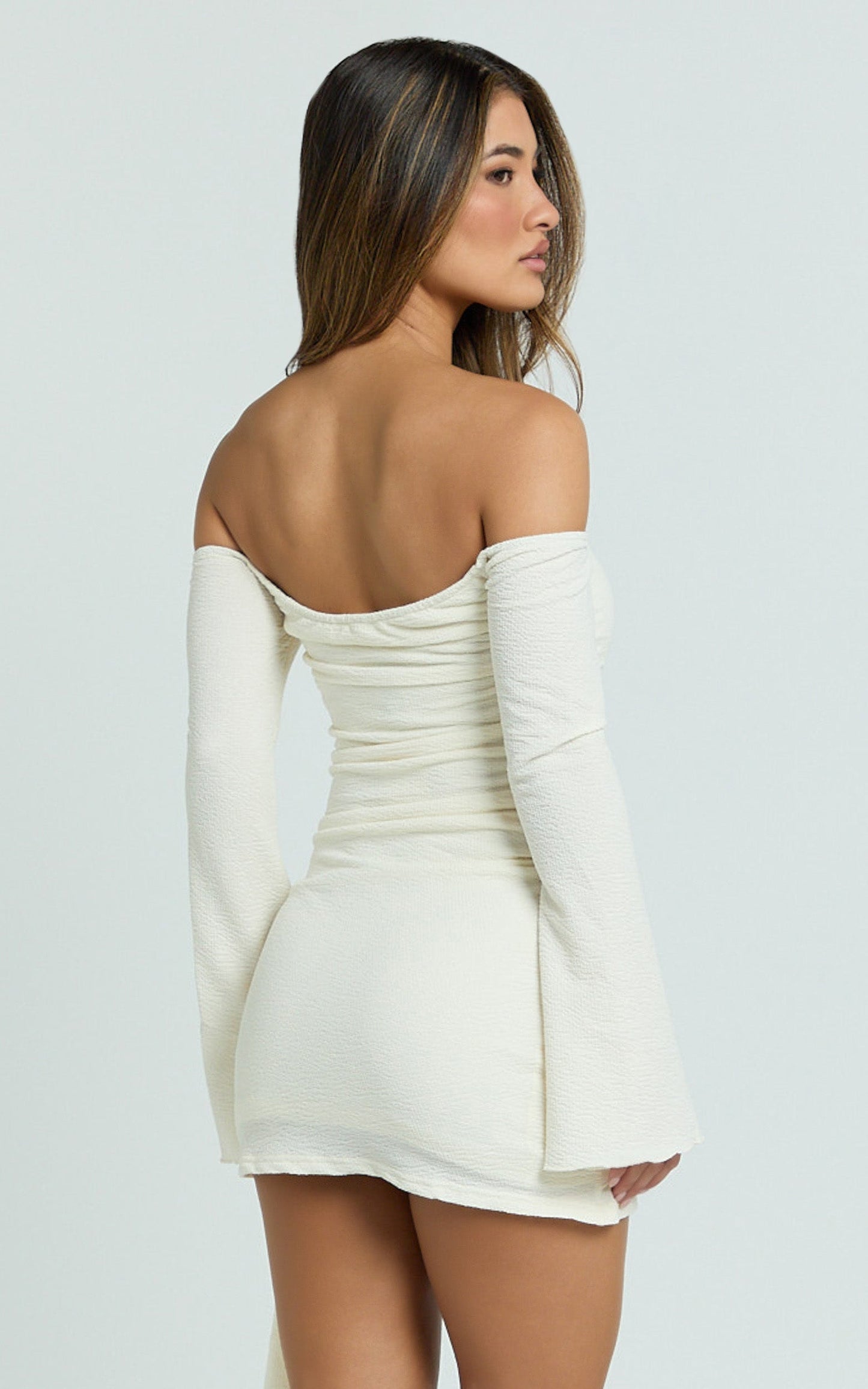 Noah Mini Dress - Off Shoulder Draped Skirt Jersey Dress in Cream