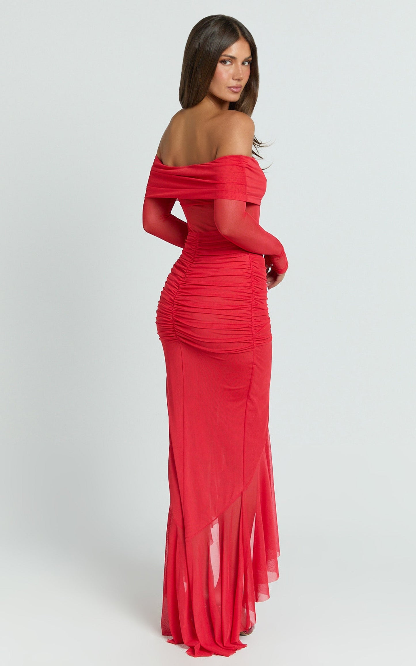 Noelle Maxi Dress - Off The Shoulder Gathered Waist Ruffle Dress in Red