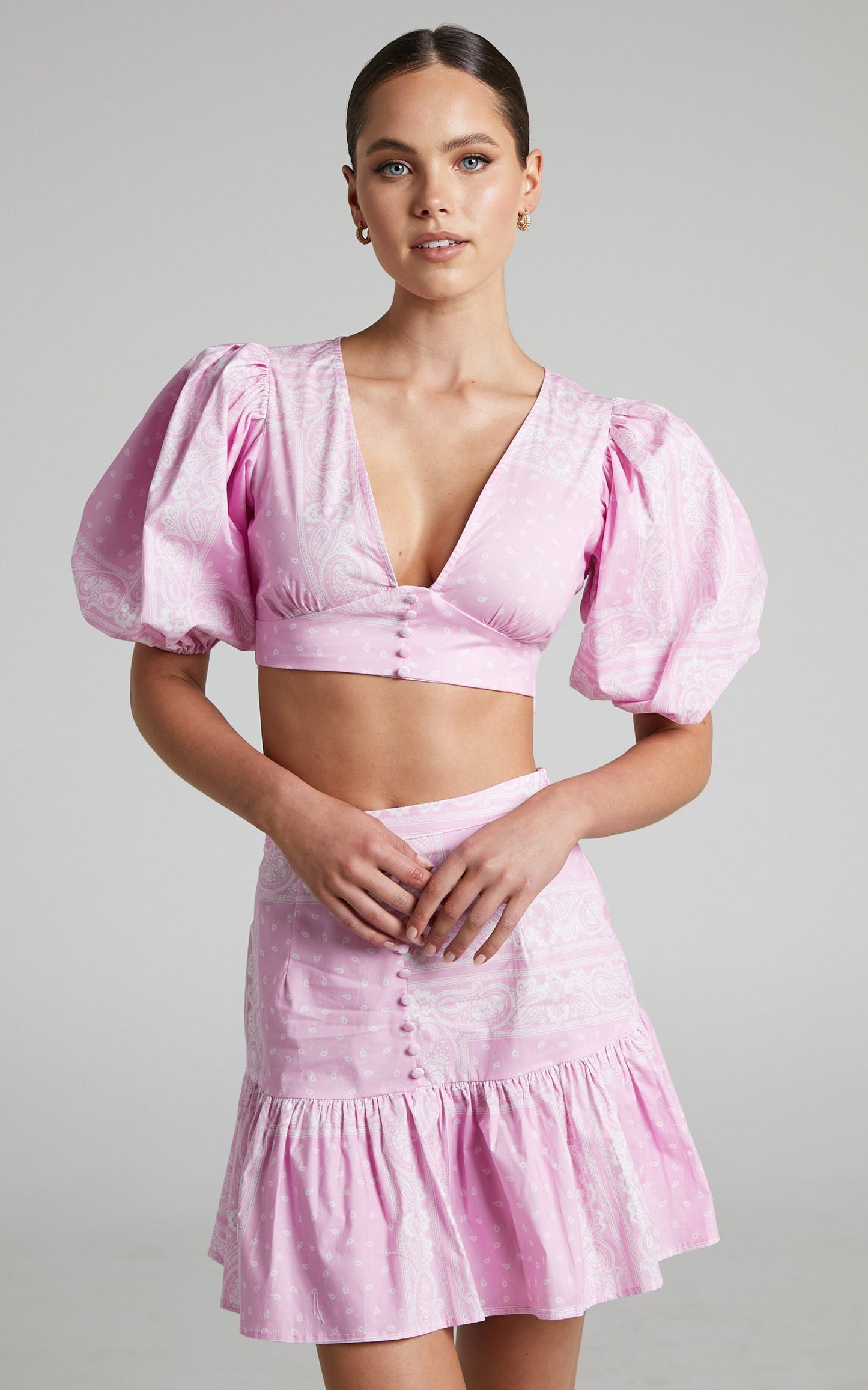 Noemi Two Piece Set - Plunge Neck Crop Top and Mini Skirt Two Piece Set in Scarf Print