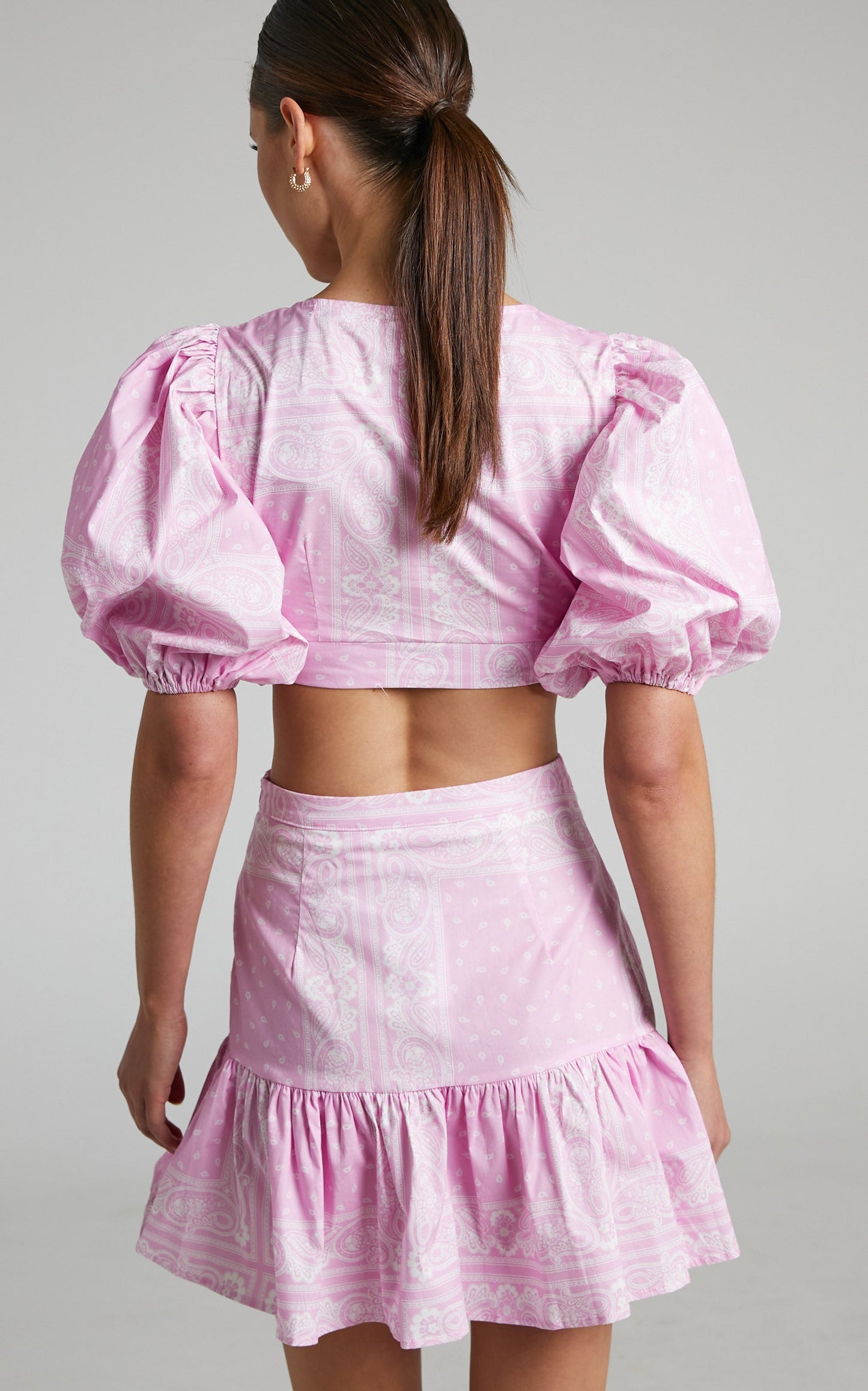 Noemi Two Piece Set - Plunge Neck Crop Top and Mini Skirt Two Piece Set in Scarf Print