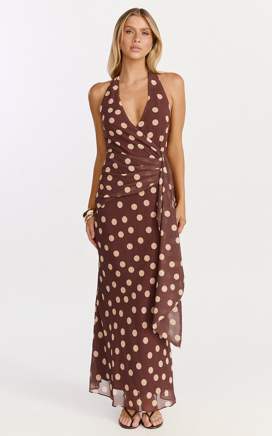 Nola Maxi Dress - Polkadot Halter Dress in Choc Polka