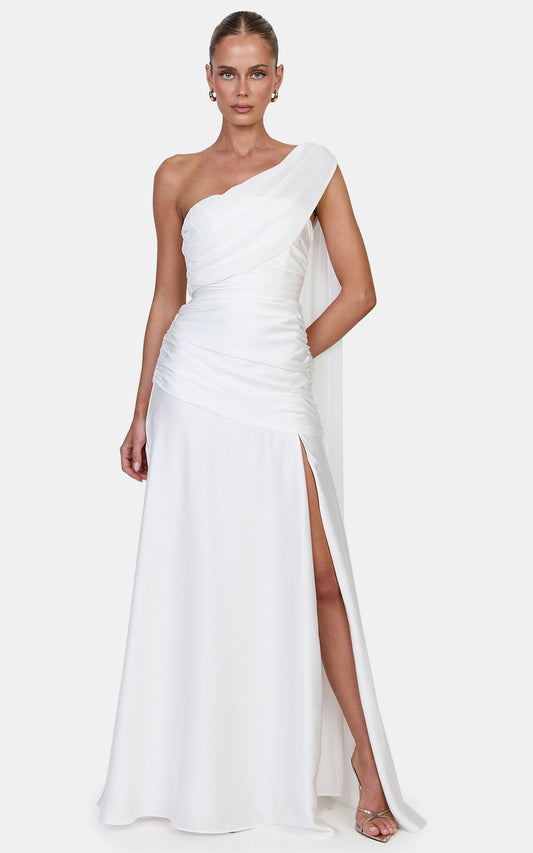 Nora Maxi Dress - Fit And Flare Dress With Leg Split And Asym Shoulder Drape in White
