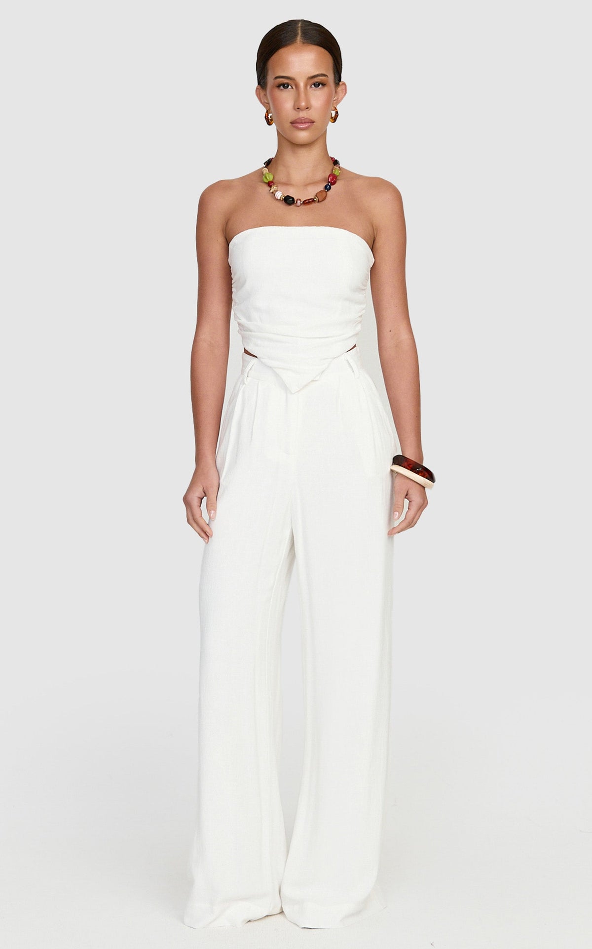 Norma Pants - High Waist Linen Blend Wide Leg Pants in White