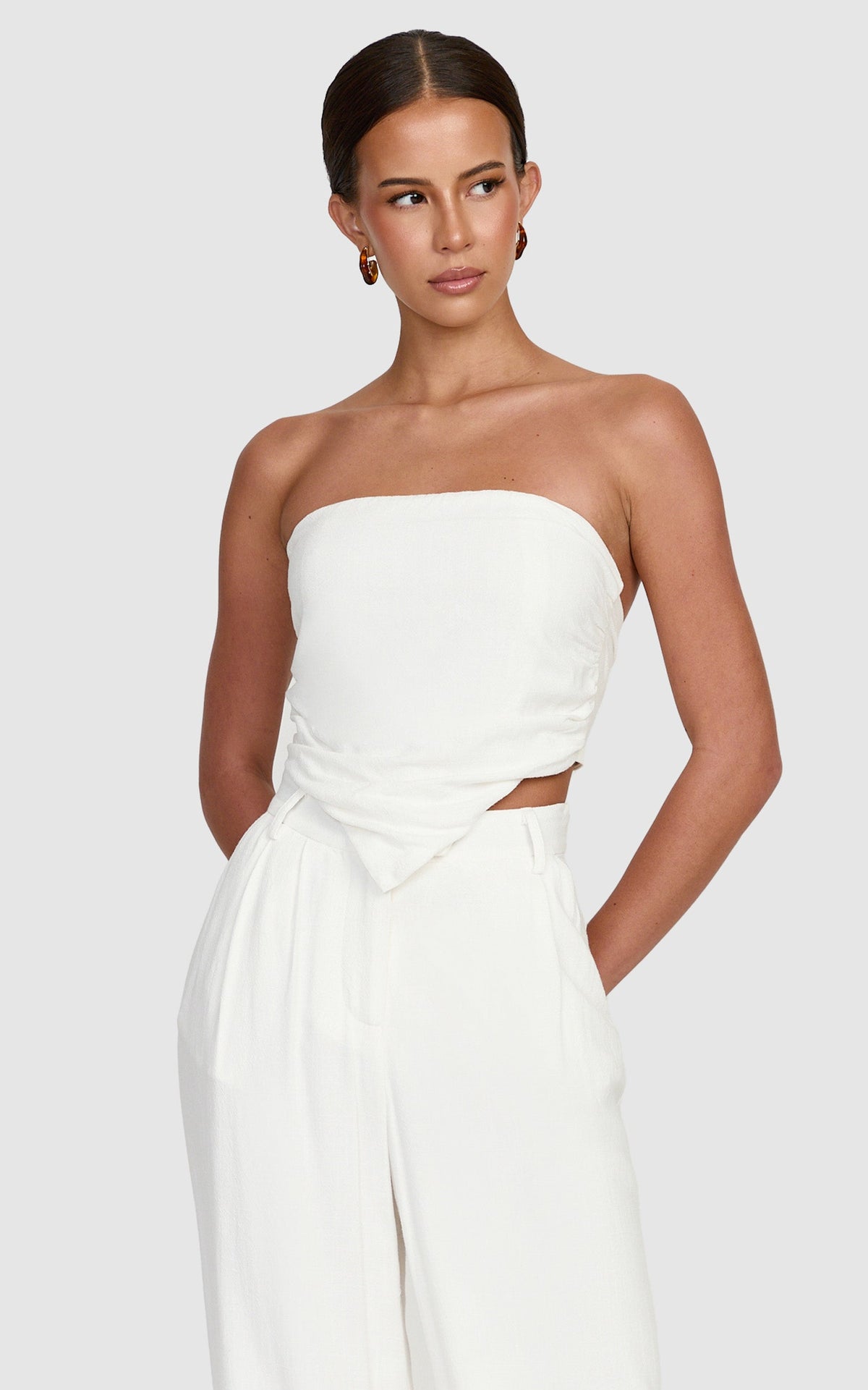 Norma Top - Strapless Linen Blend Scarf Tie Top in White