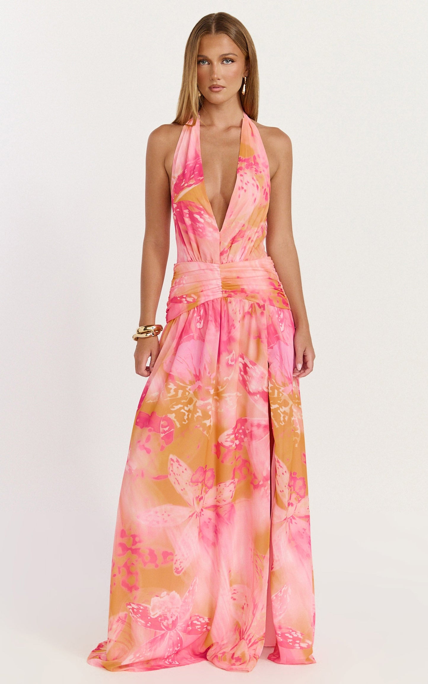 Nova Maxi Dress - Plunge Neckline Backless Georgette Dress in Hot House Orchid Print