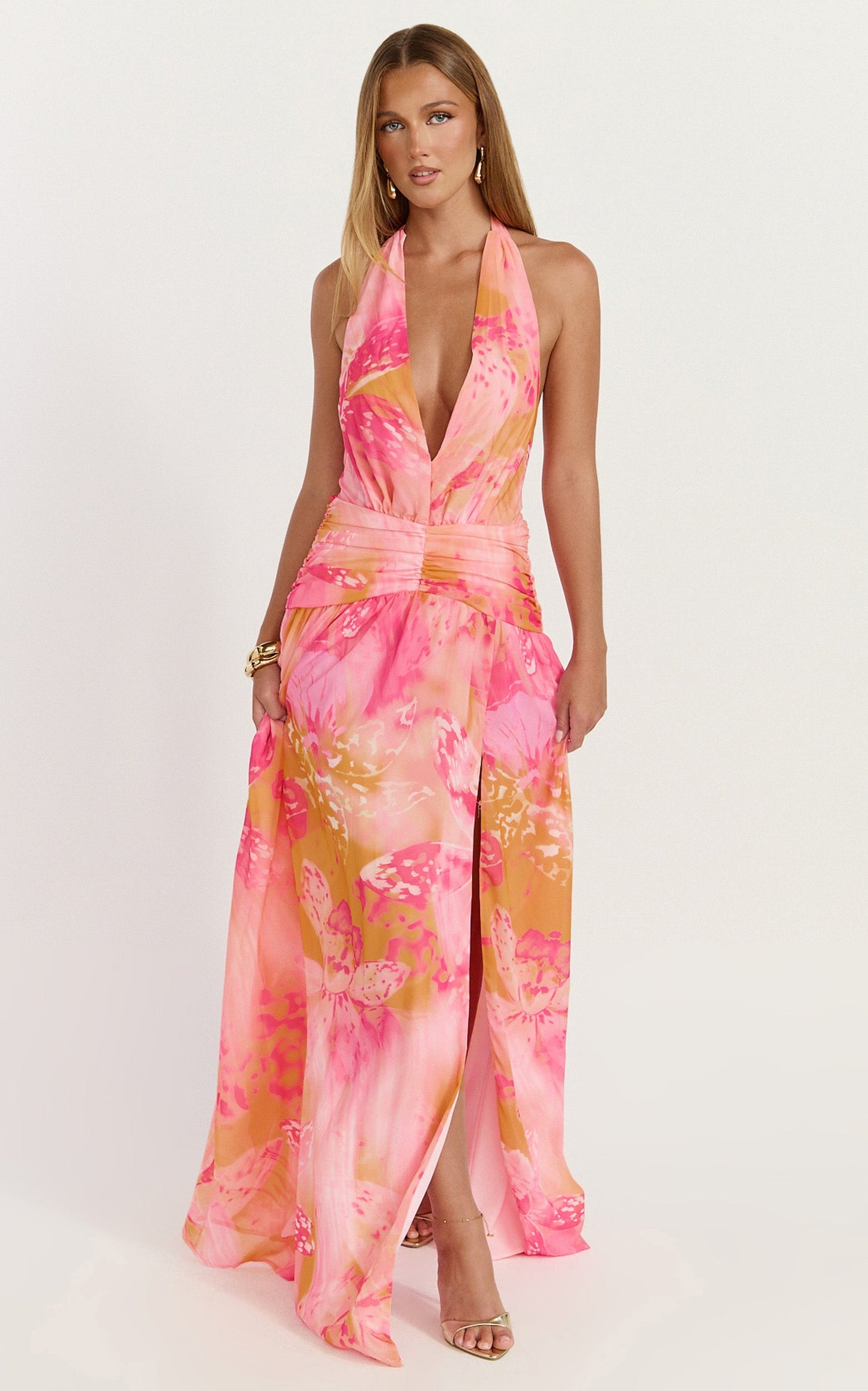 Nova Maxi Dress - Plunge Neckline Backless Georgette Dress in Hot House Orchid Print