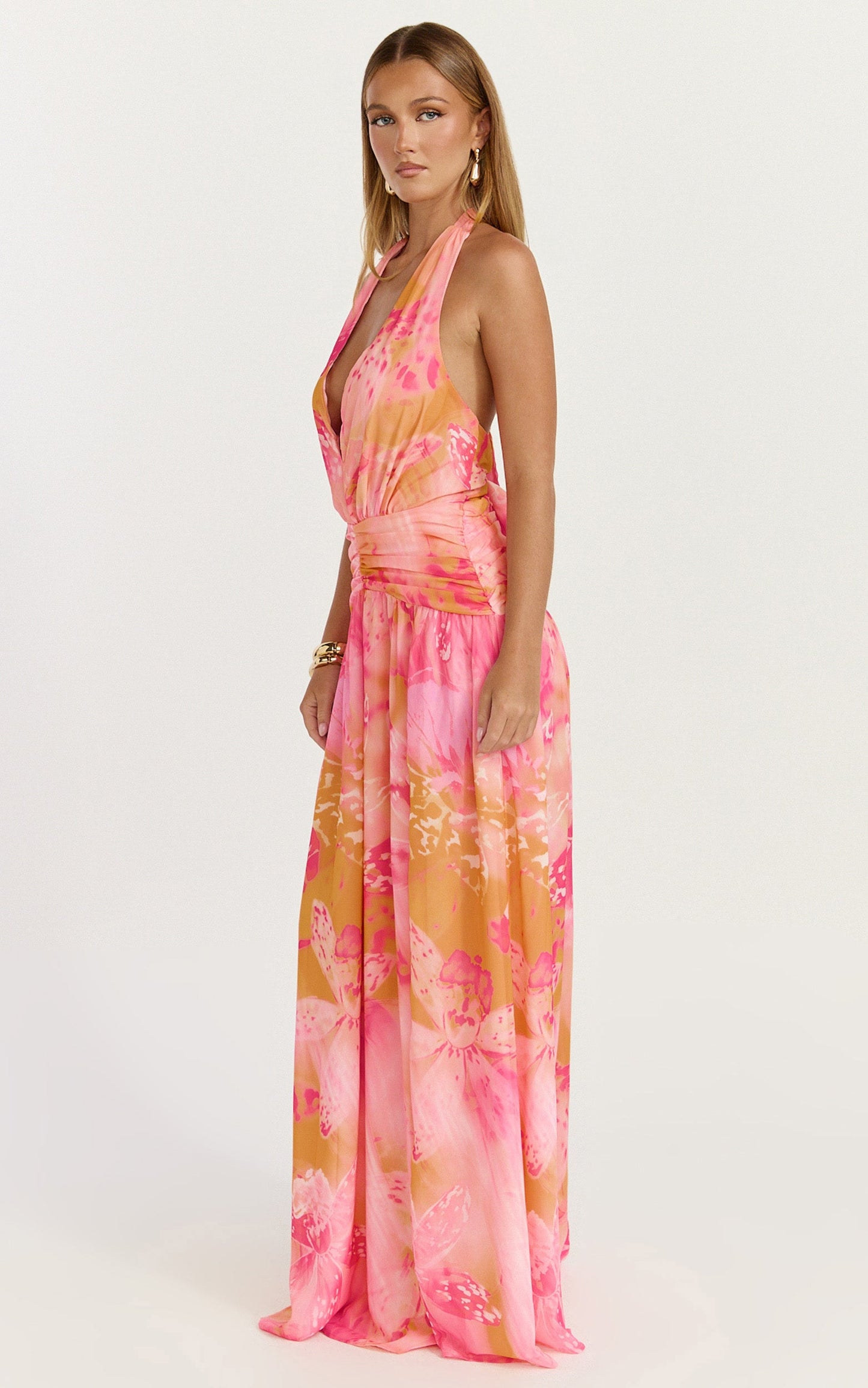 Nova Maxi Dress - Plunge Neckline Backless Georgette Dress in Hot House Orchid Print