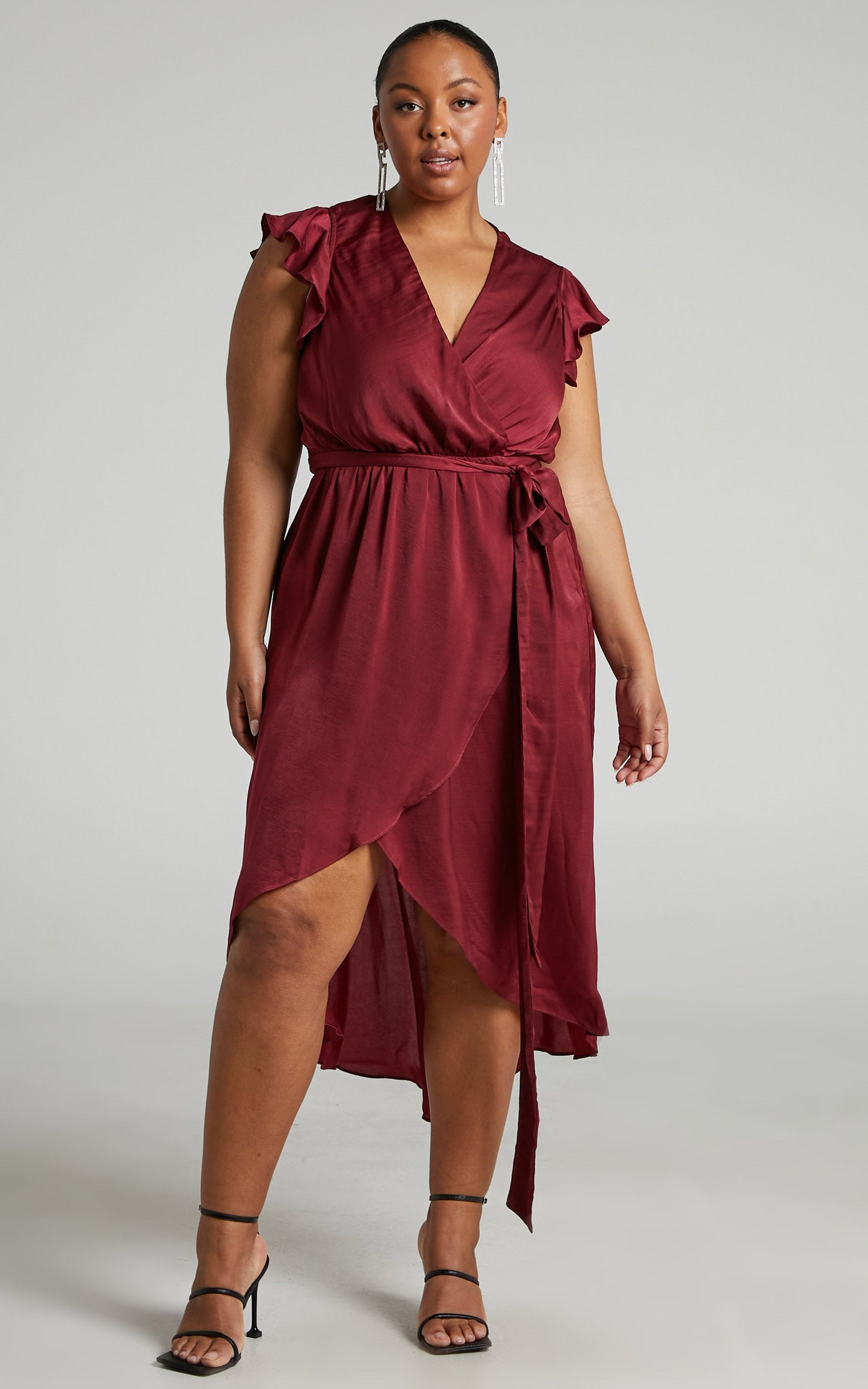 Novera Midi Dress - Frill Sleeve Wrap Dress in Wine
