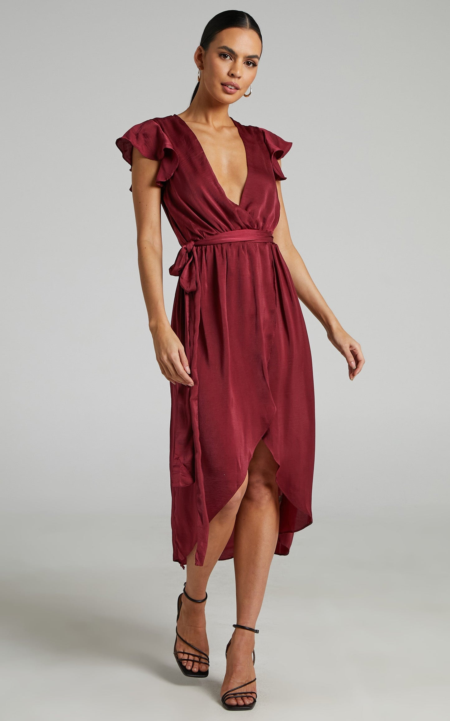 Novera Midi Dress - Frill Sleeve Wrap Dress in Wine
