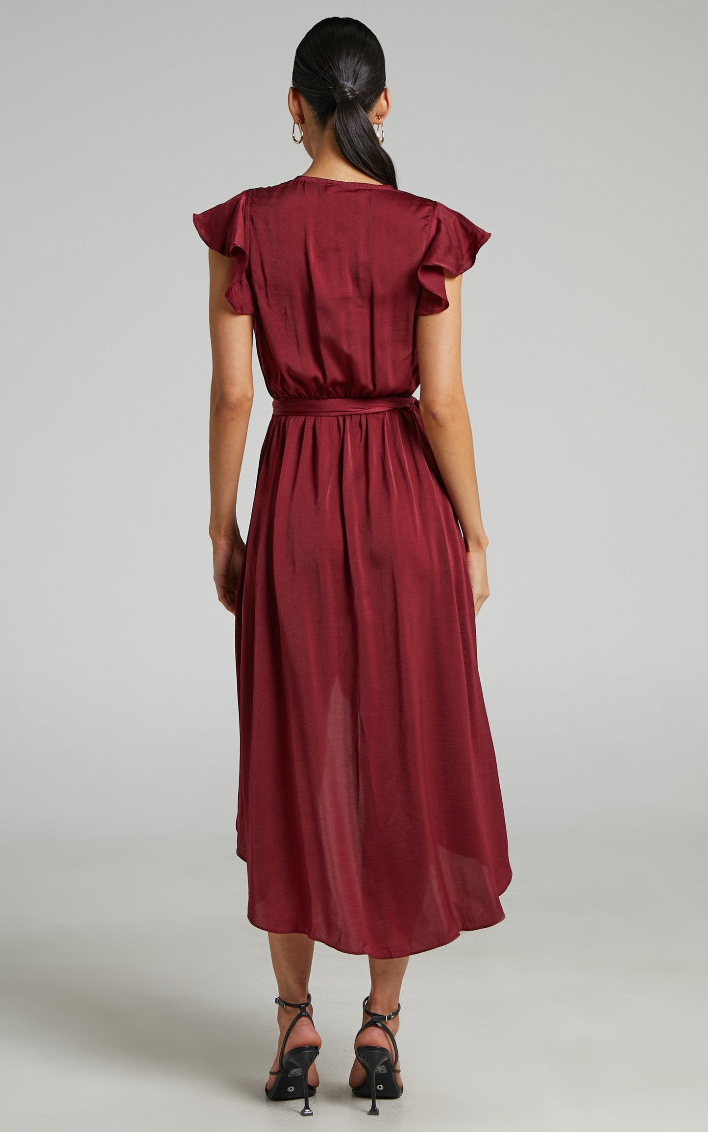 Novera Midi Dress - Frill Sleeve Wrap Dress in Wine