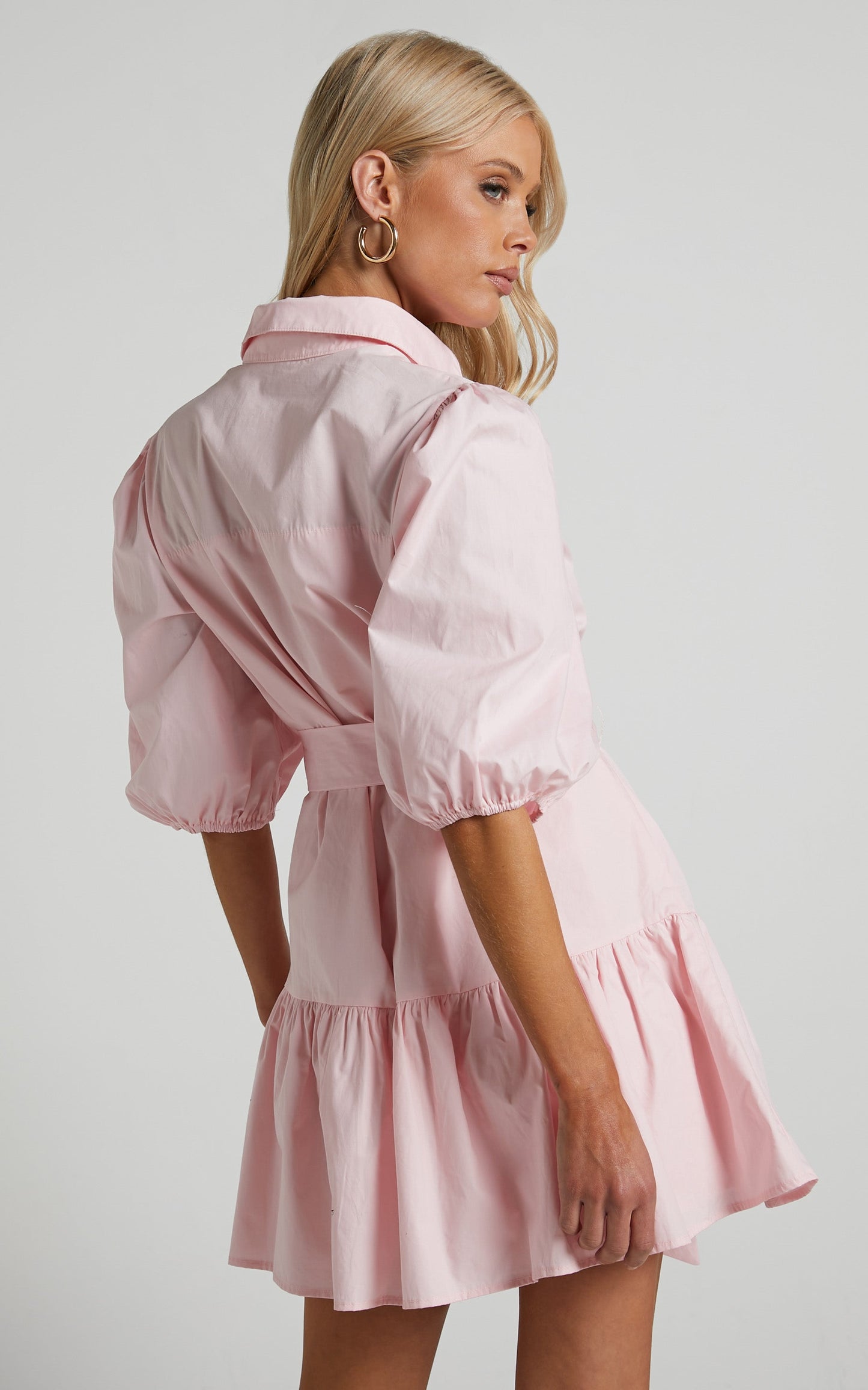 Nyra Mini Dress - Button Up Collard Puff Sleeve Dress in Light Pink