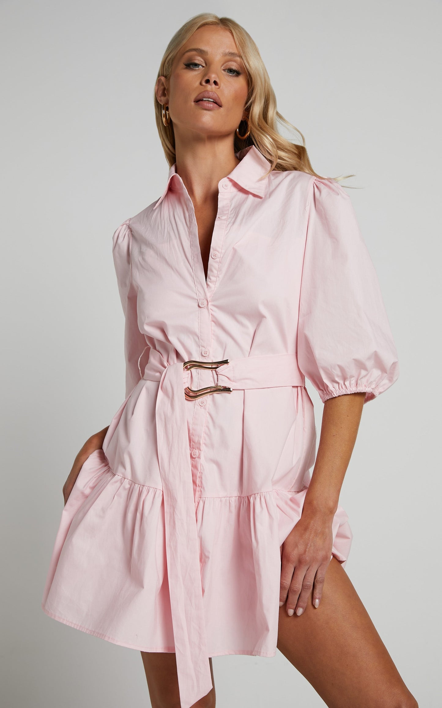 Nyra Mini Dress - Button Up Collard Puff Sleeve Dress in Light Pink