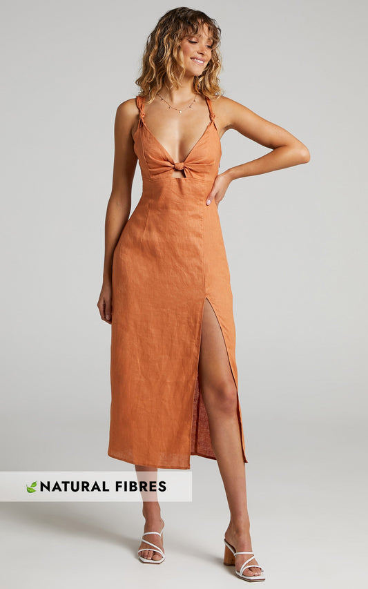 Amalie The Label - Octavia Linen Knot Detail Cut Out Midi Dress in Rust