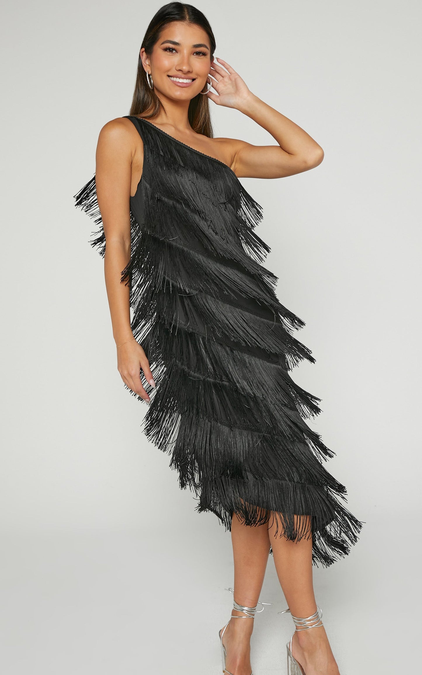 Odette Midi Dress - One Shoulder Fringing Detail in Black