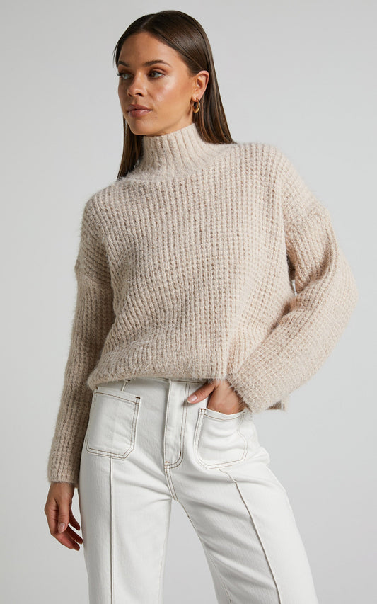 Olea Jumper - Turtle Neck Furry Knit Jumper in Beige