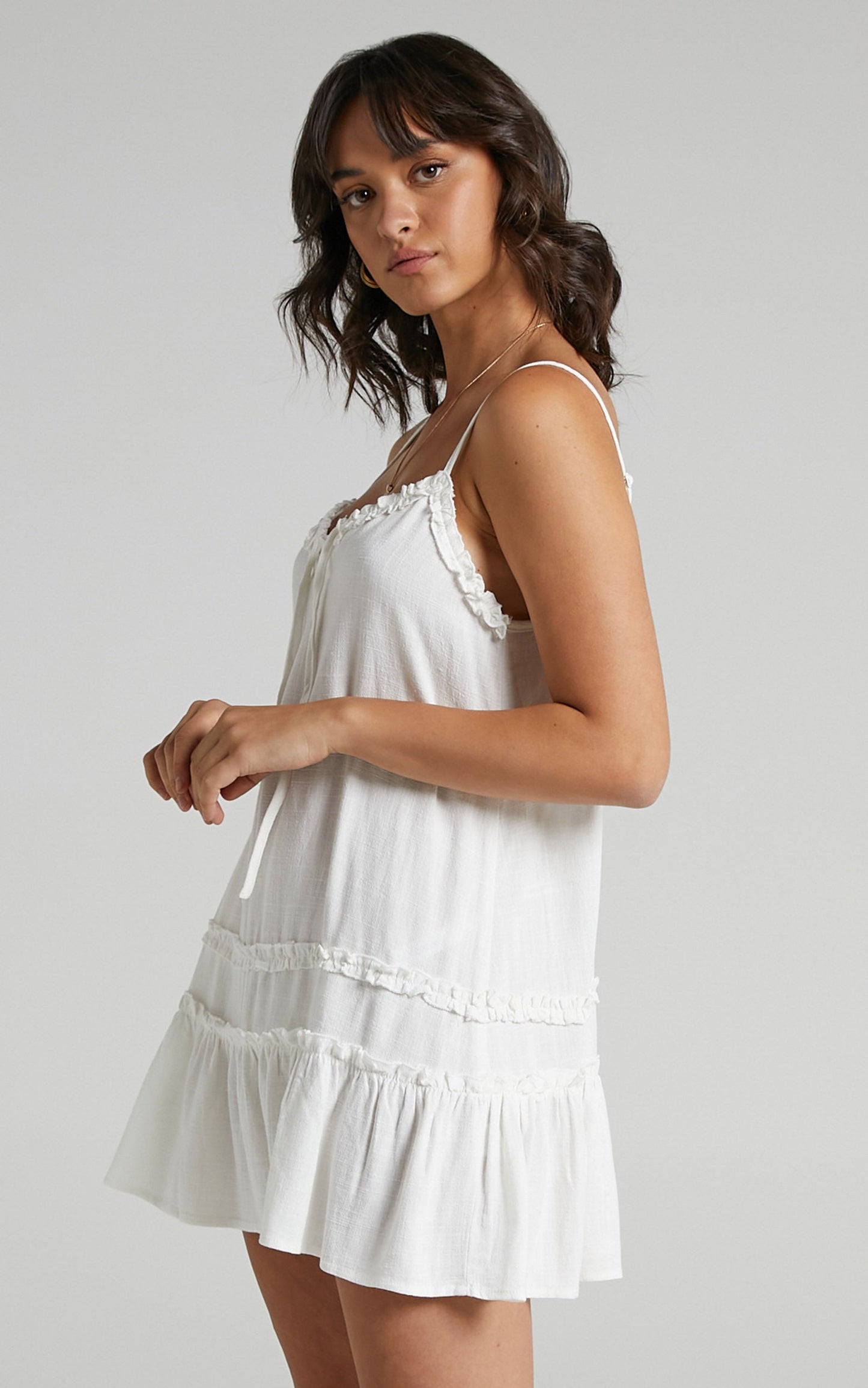 Olinda Ruffle Trim Mini Dress in White Linen Look