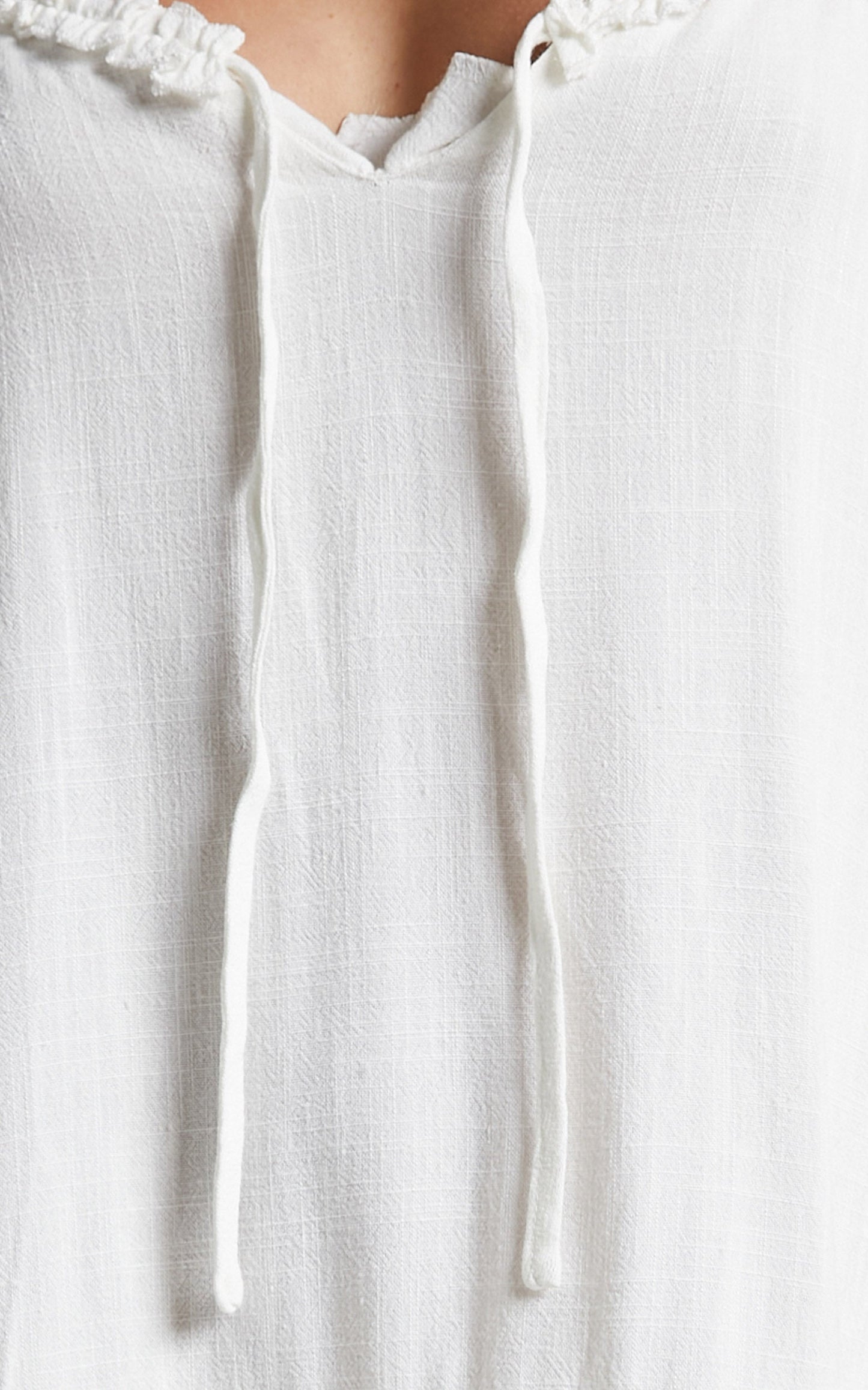 Olinda Ruffle Trim Mini Dress in White Linen Look