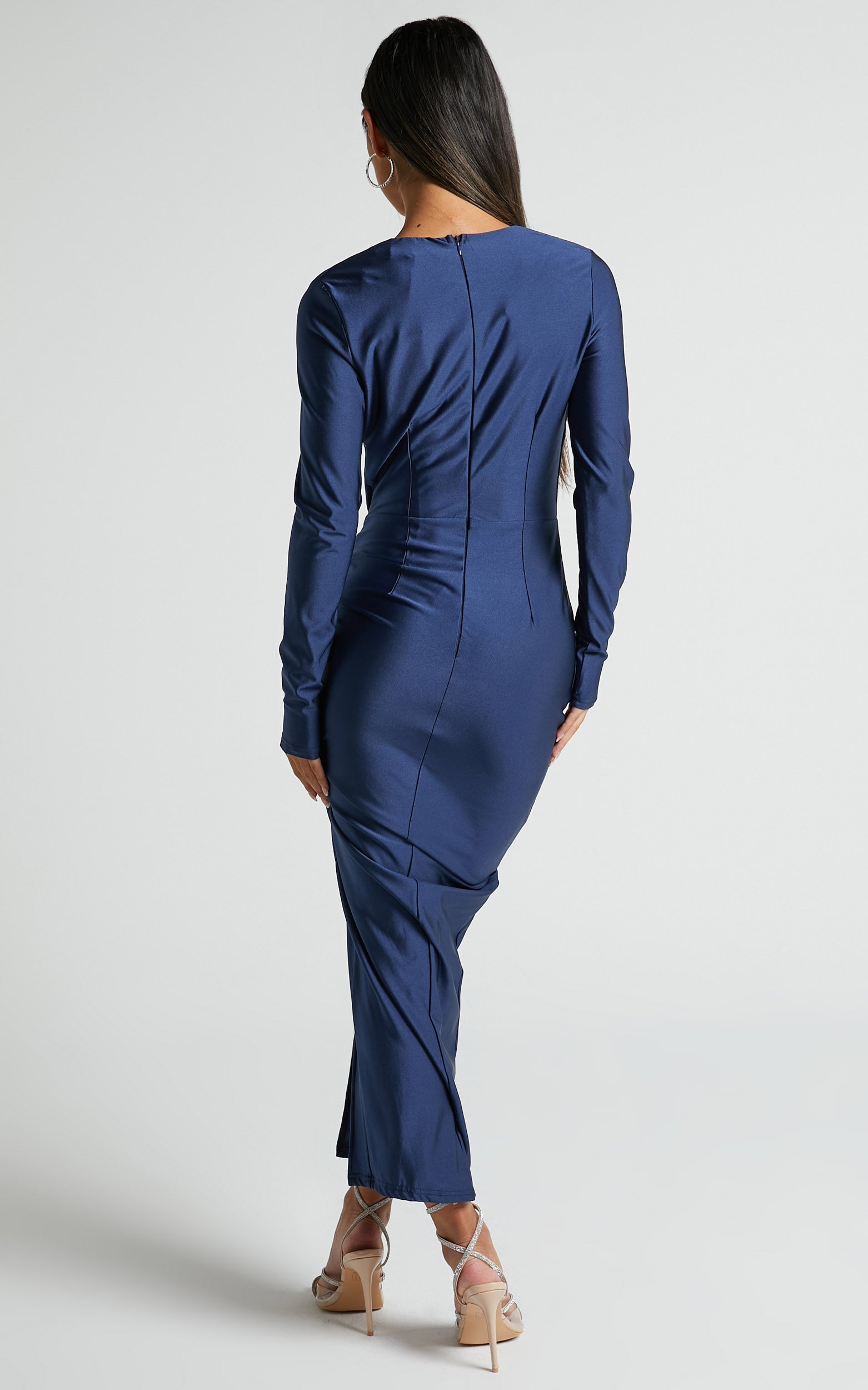 Olivia Long Sleeve Deep V Ruched Side Split Bodycon Midi Dress in Navy