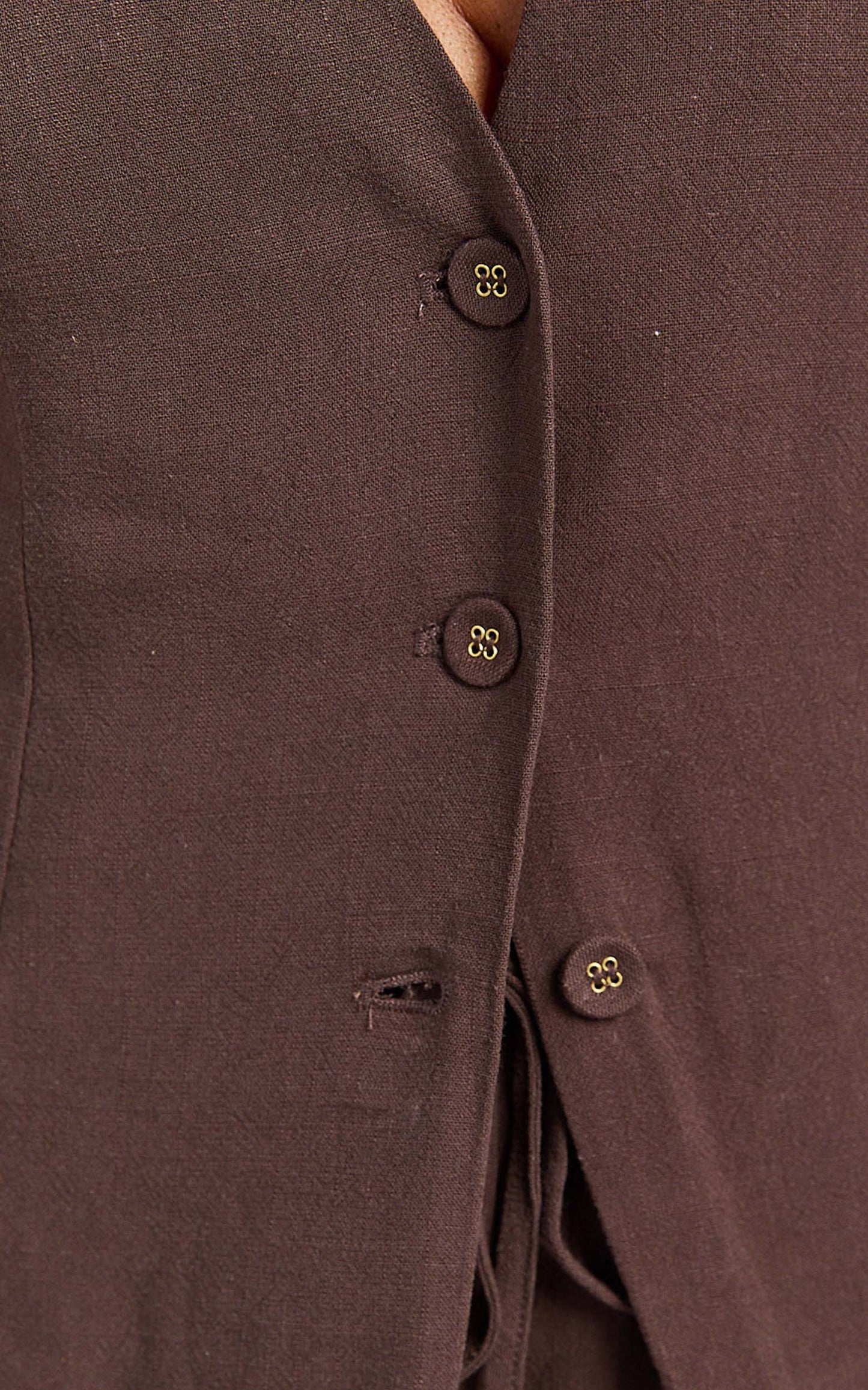 Olivia Top - Longline Linen V Neck Back Tie Vest Top in Chocolate