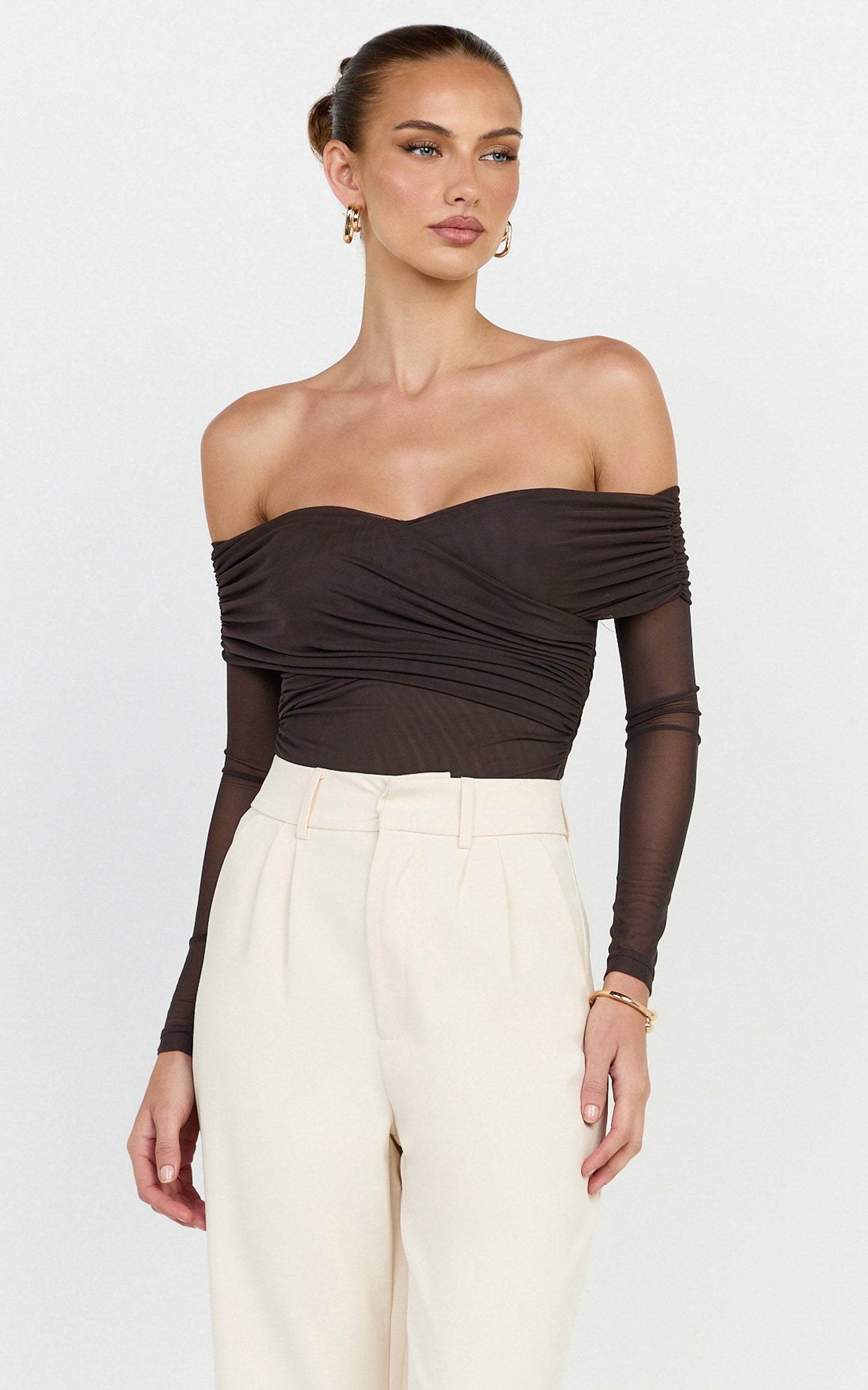 Opal Bodysuit - Long Sleeve Wrapped Off Shoulder Bodysuit in Chocolate