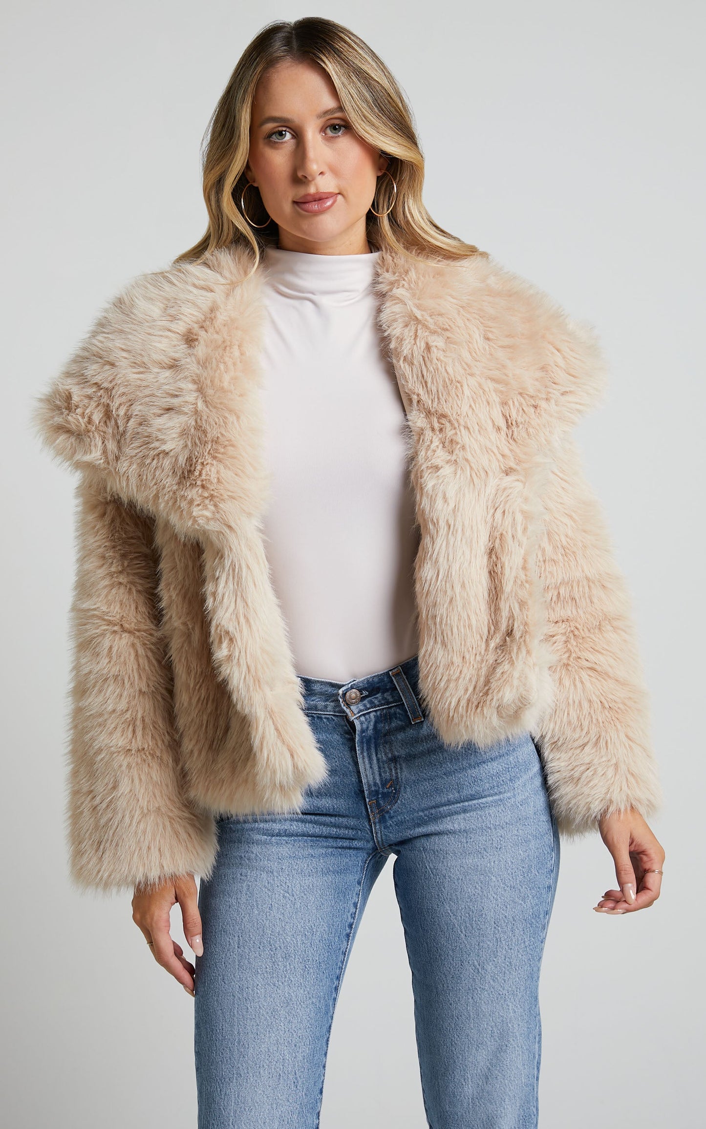 Ophilia Jacket - Fax Fur Open Collar Jacket in Beige