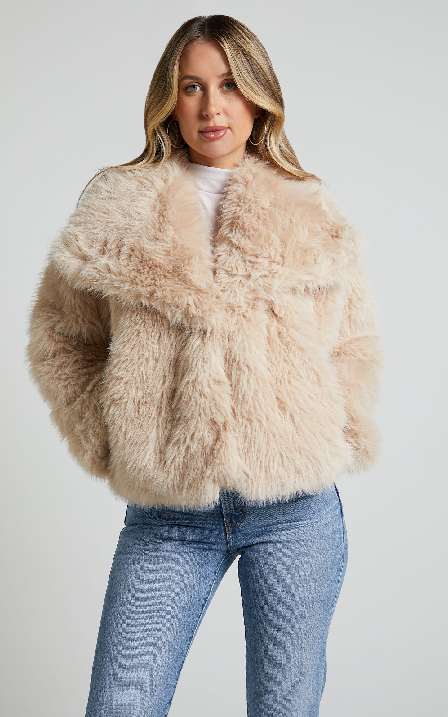 Ophilia Jacket - Fax Fur Open Collar Jacket in Beige