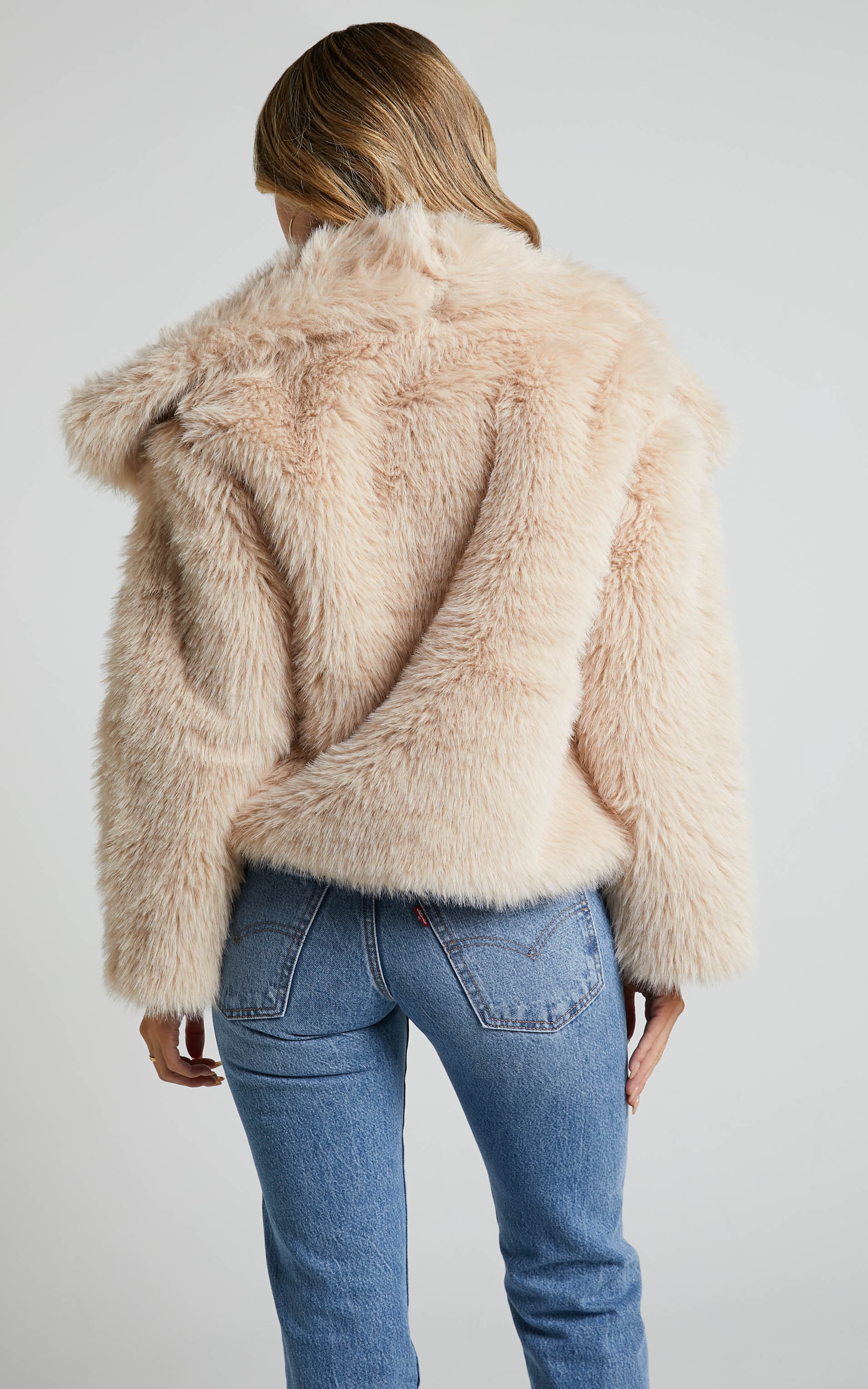 Ophilia Jacket - Fax Fur Open Collar Jacket in Beige