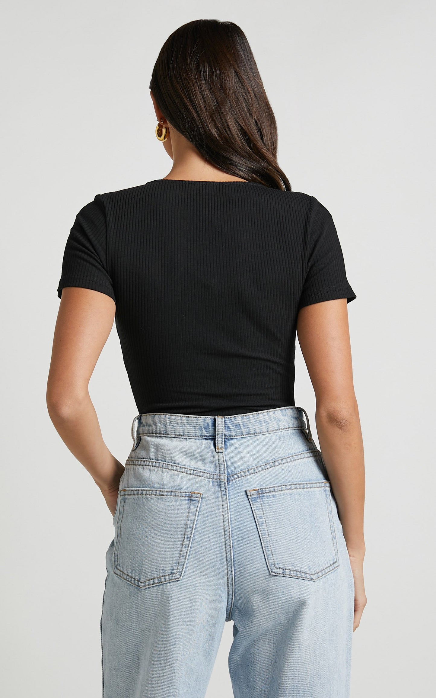 Orla Bodysuit - Short Sleeve V Neck Bodysuit in Black