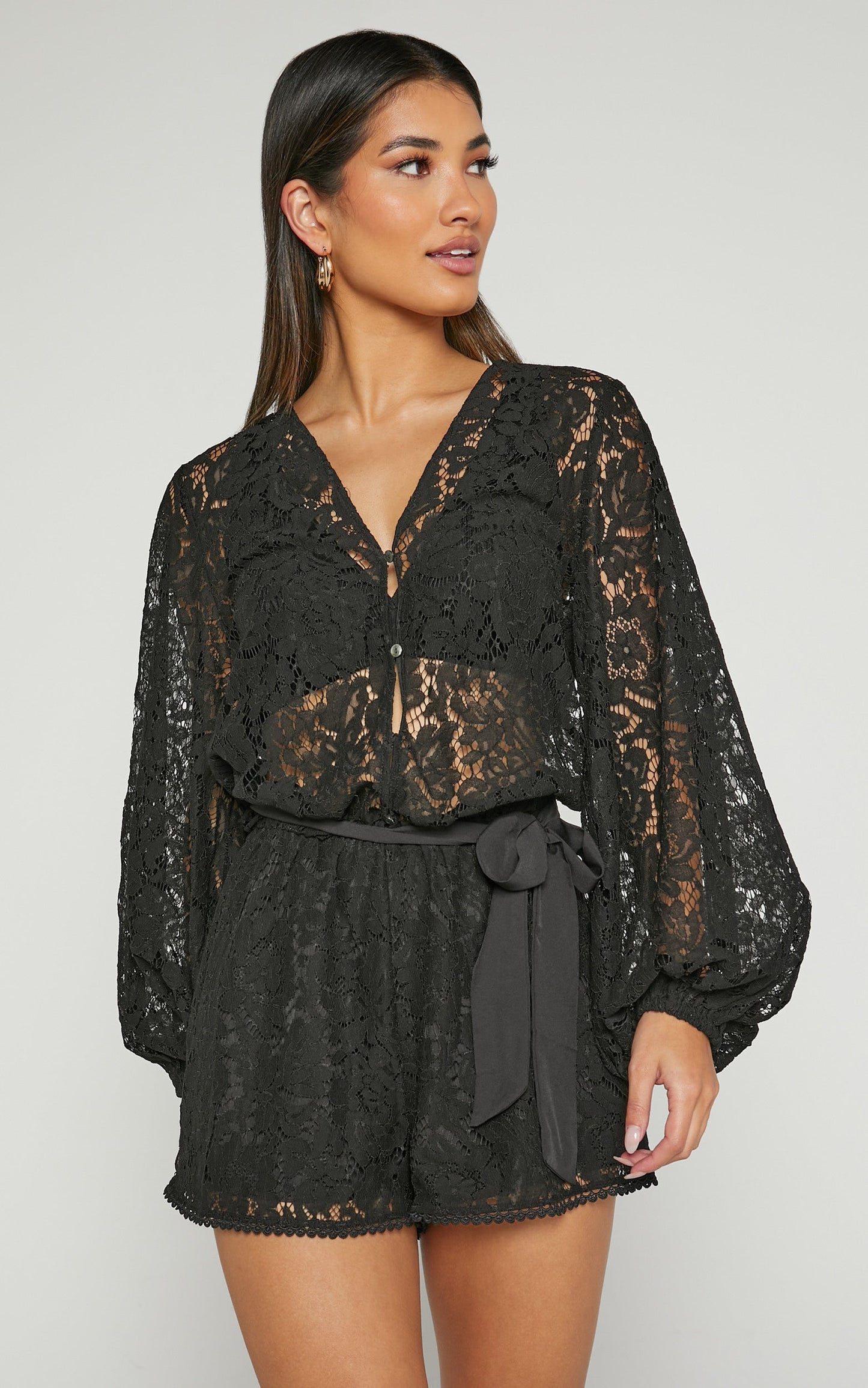 Oscar Playsuit - Lace Long Sleeve V Neck in Black