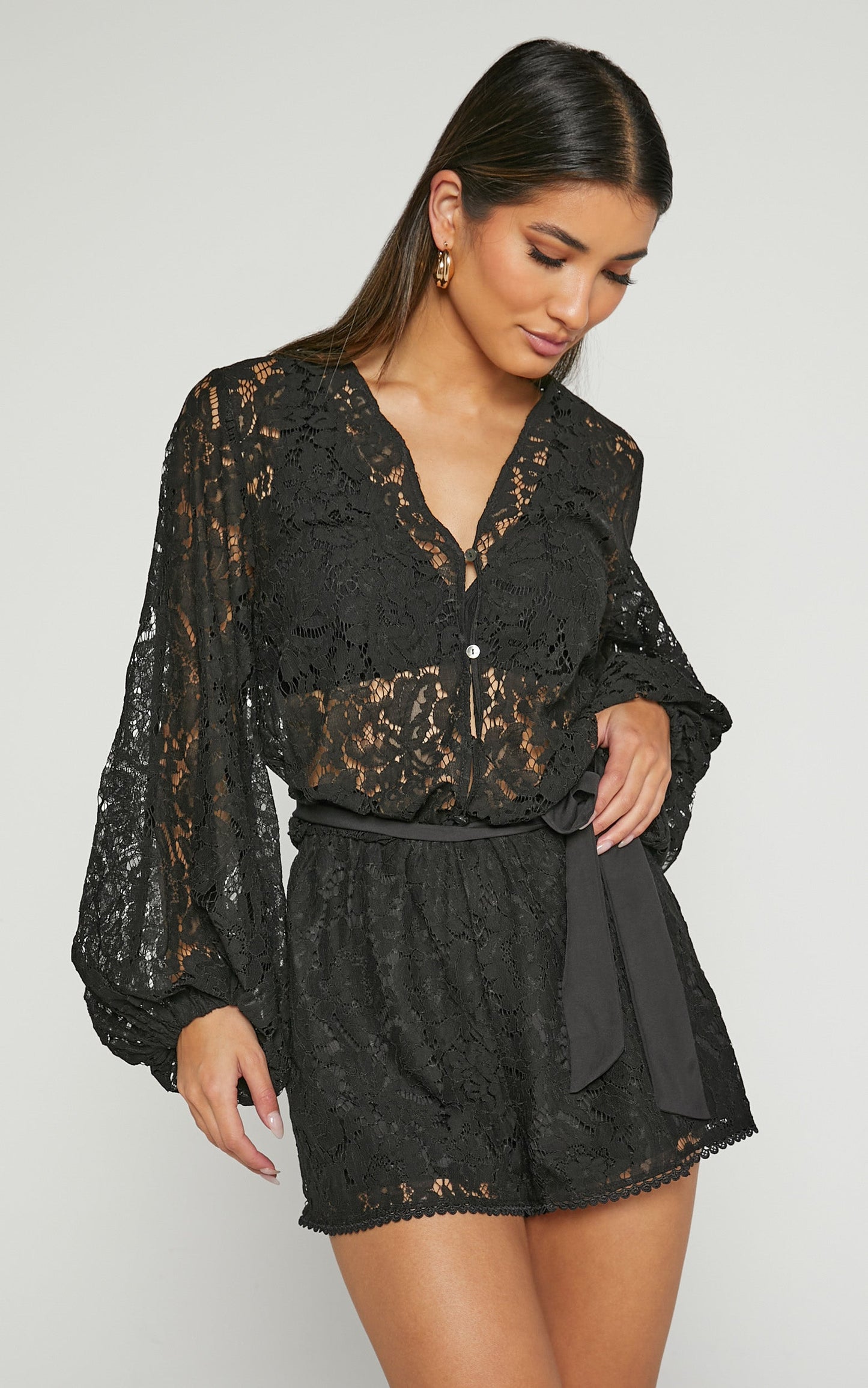 Oscar Playsuit - Lace Long Sleeve V Neck in Black