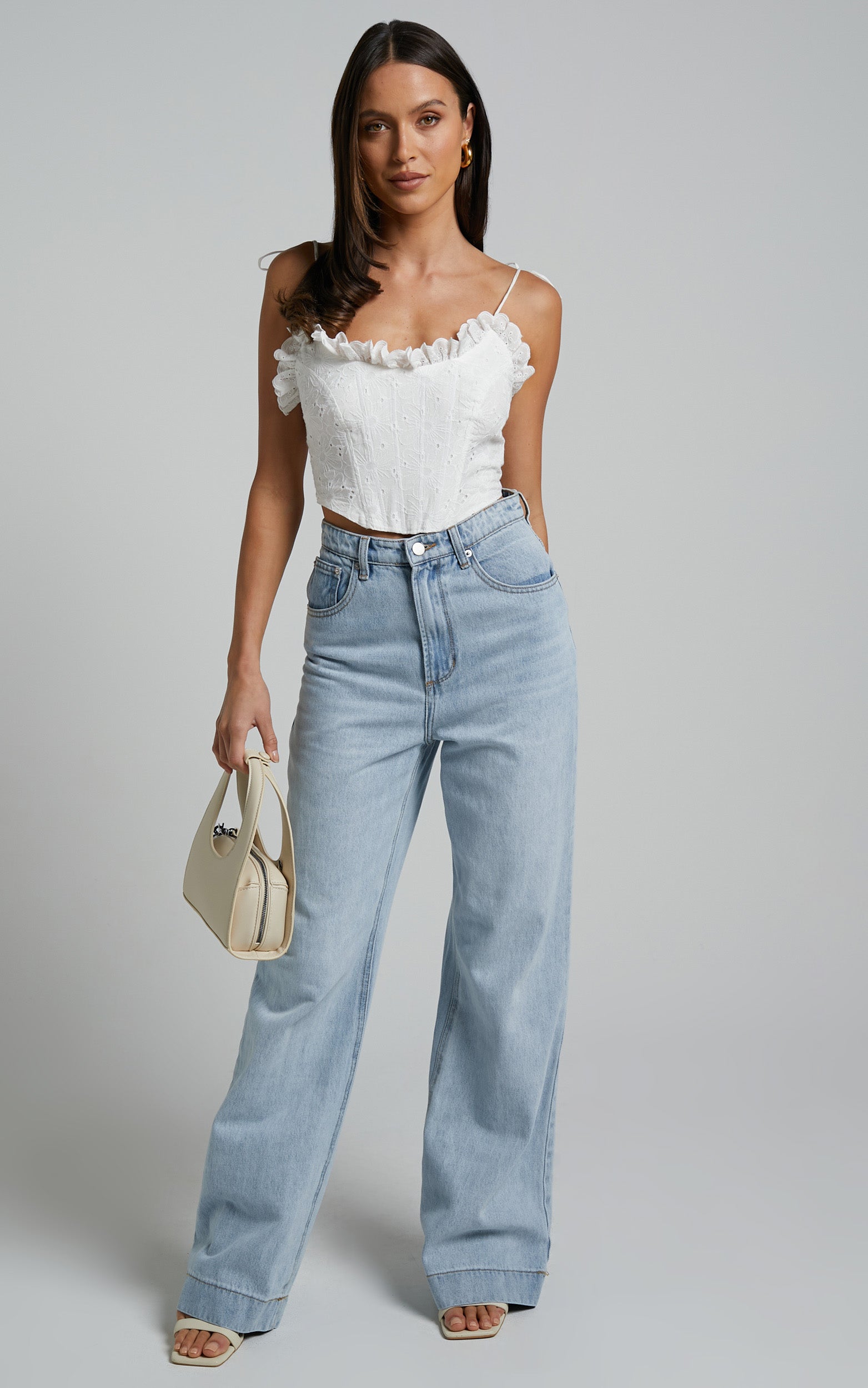 Ovanie Top - Tie Shoulder Broderie Corset Top in White