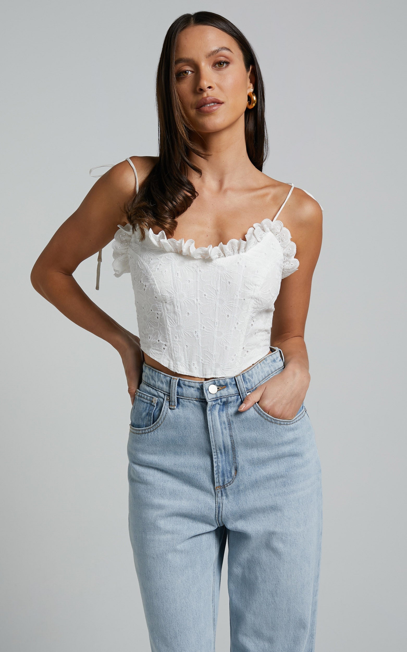 Ovanie Top - Tie Shoulder Broderie Corset Top in White