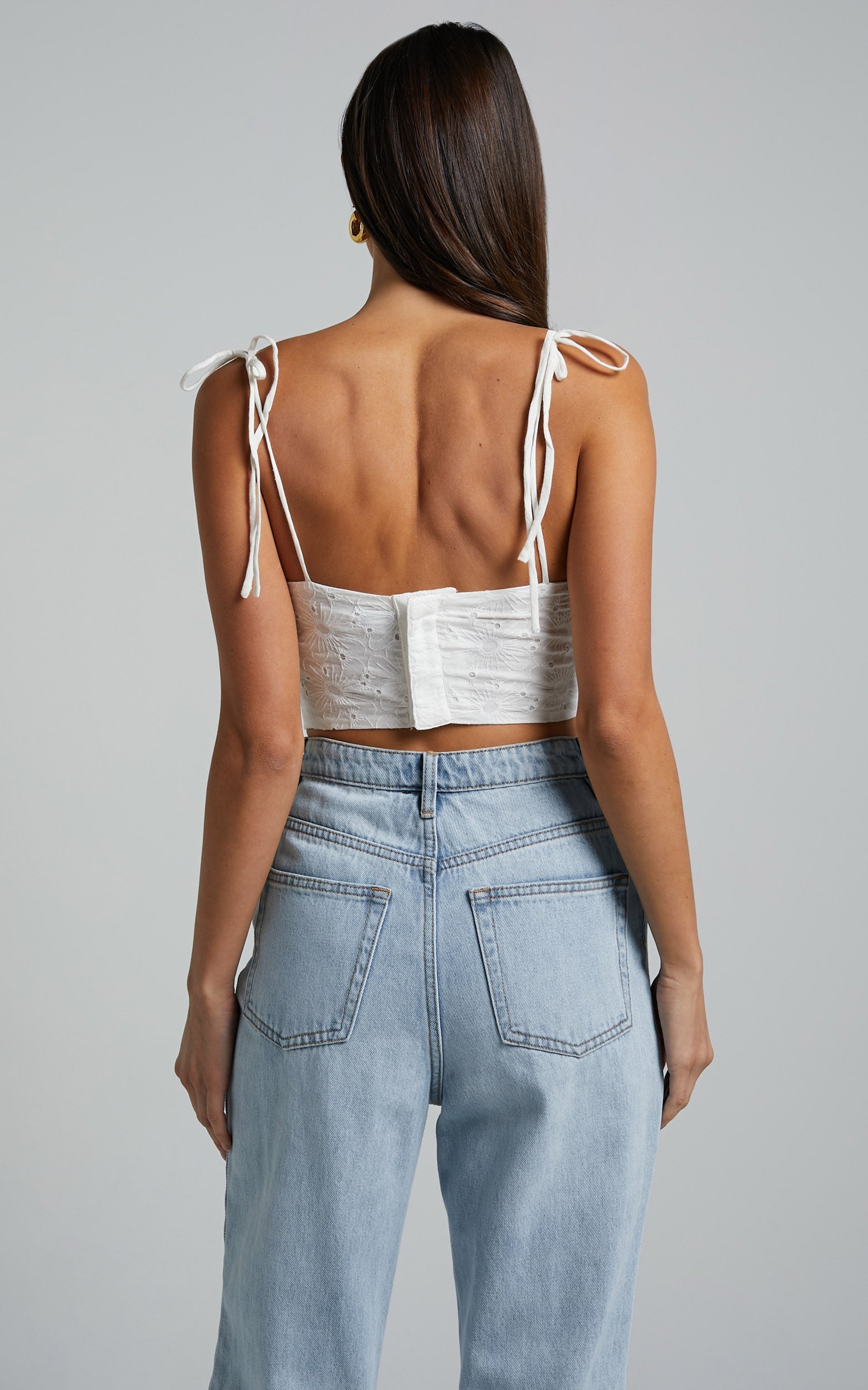 Ovanie Top - Tie Shoulder Broderie Corset Top in White