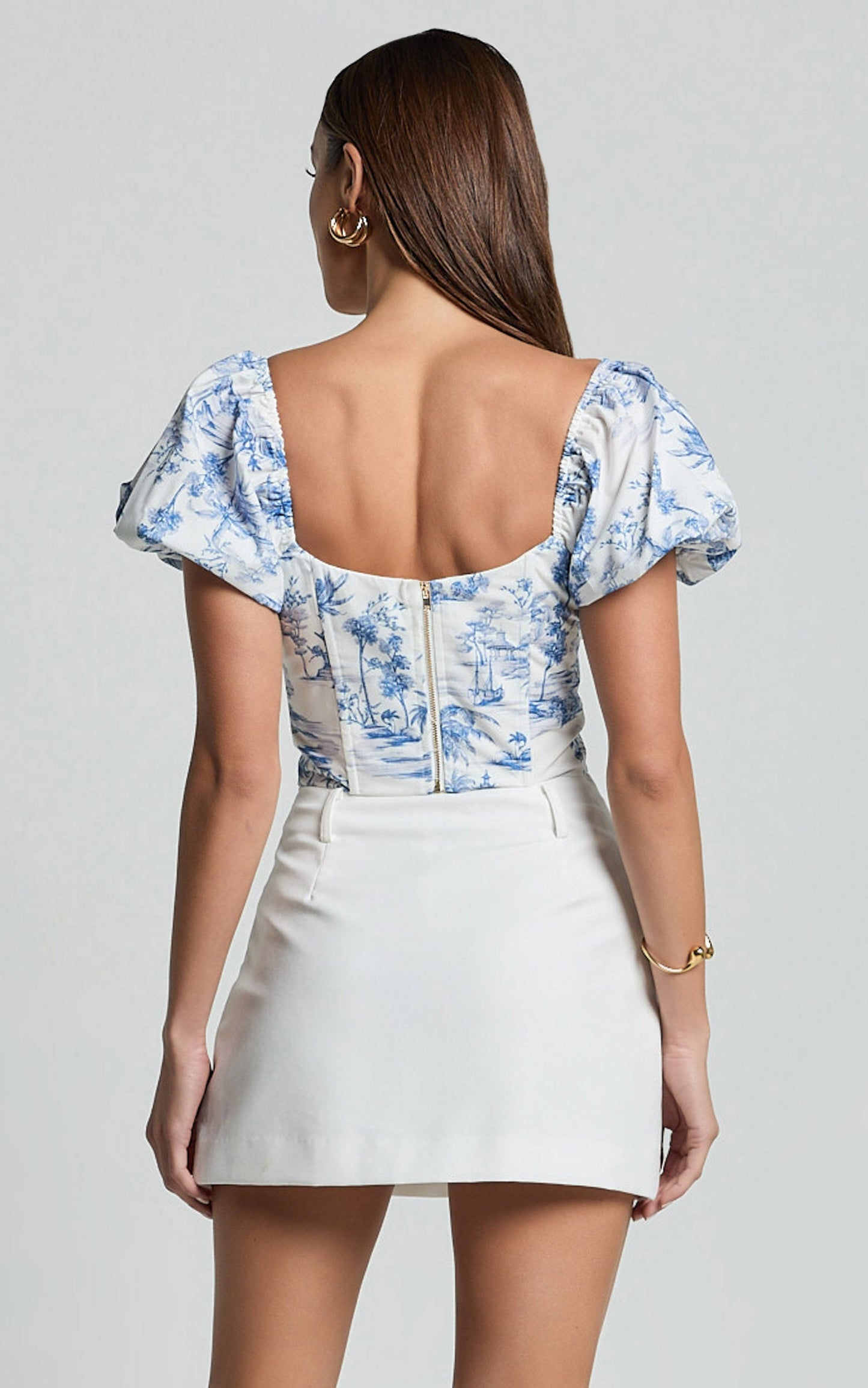 Owen Top - Puff Sleeve Tie Front Corset Detail Top in Toile De Jouy