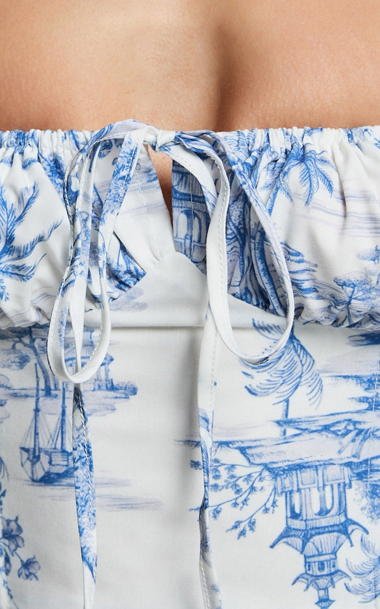 Owen Top - Puff Sleeve Tie Front Corset Detail Top in Toile De Jouy