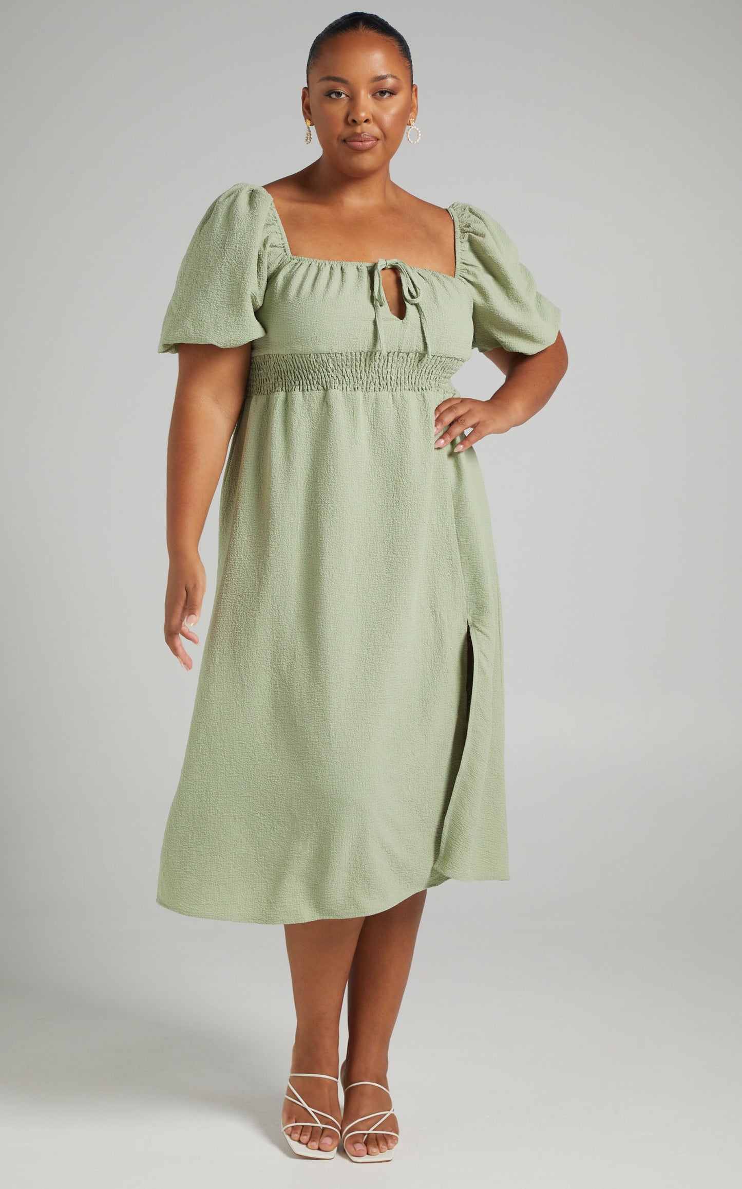 Yanet Midi Dress - Shirred Puff Sleeve Dress in Sage