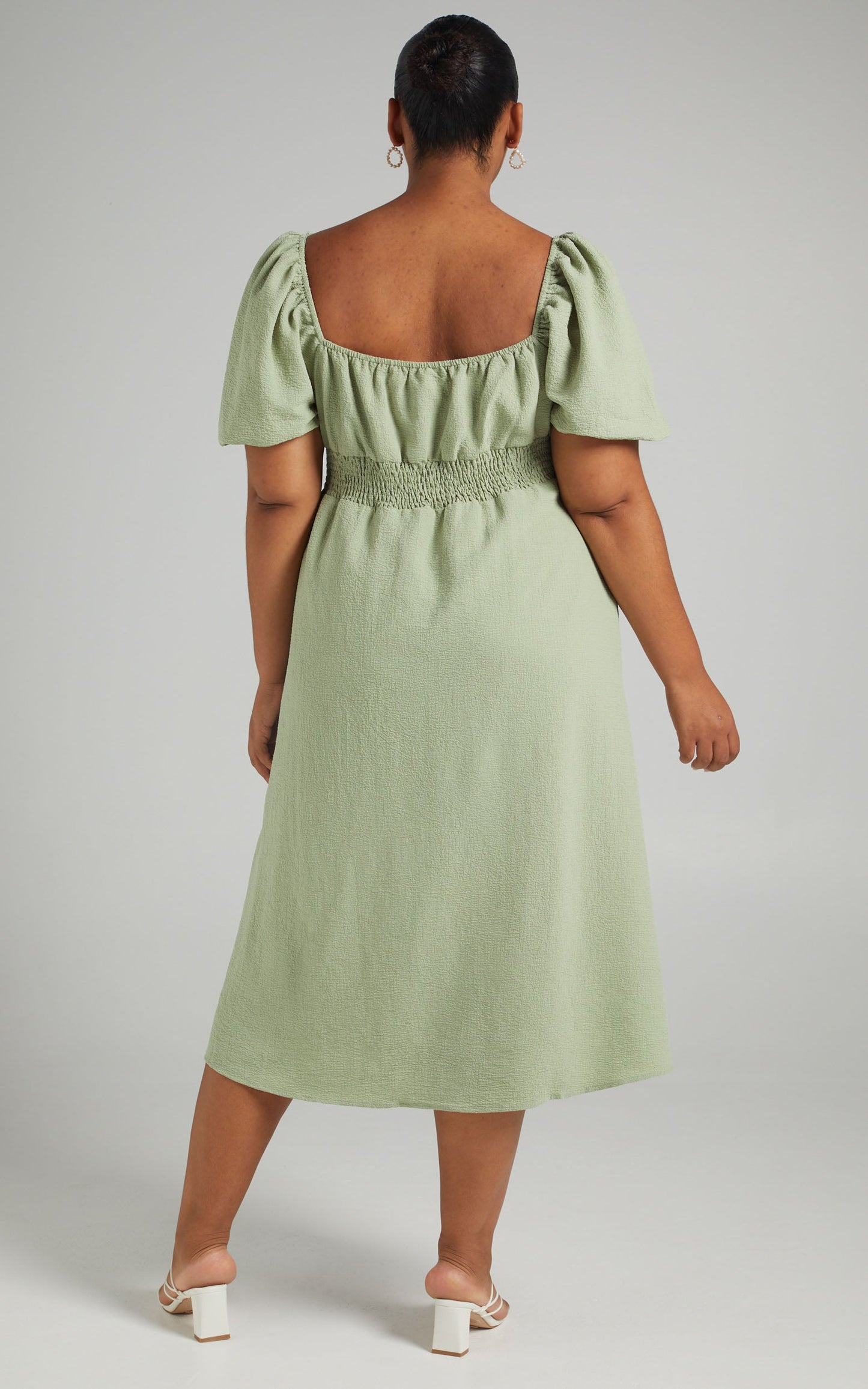 Yanet Midi Dress - Shirred Puff Sleeve Dress in Sage