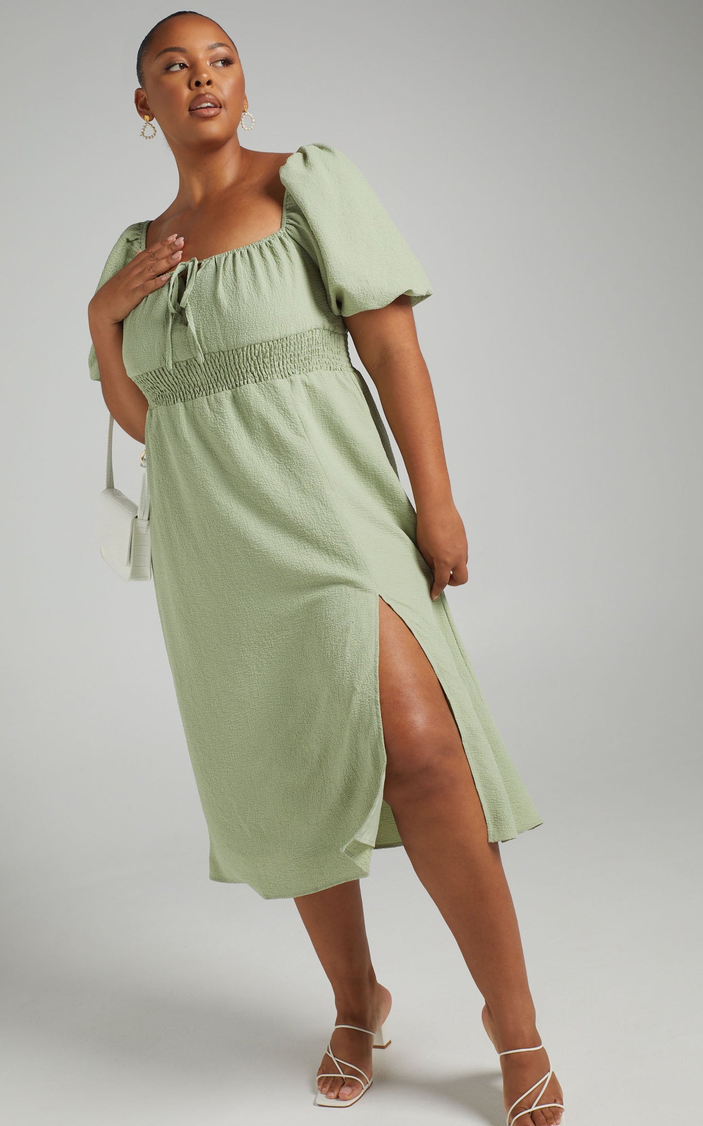 Yanet Midi Dress - Shirred Puff Sleeve Dress in Sage
