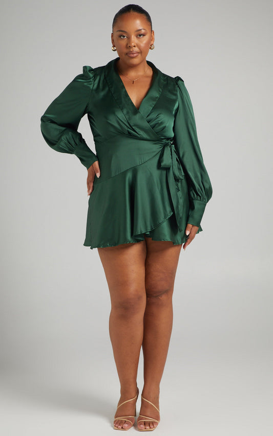 Breeana Mini Dress - Long Sleeve Wrap Dress in Forest Green