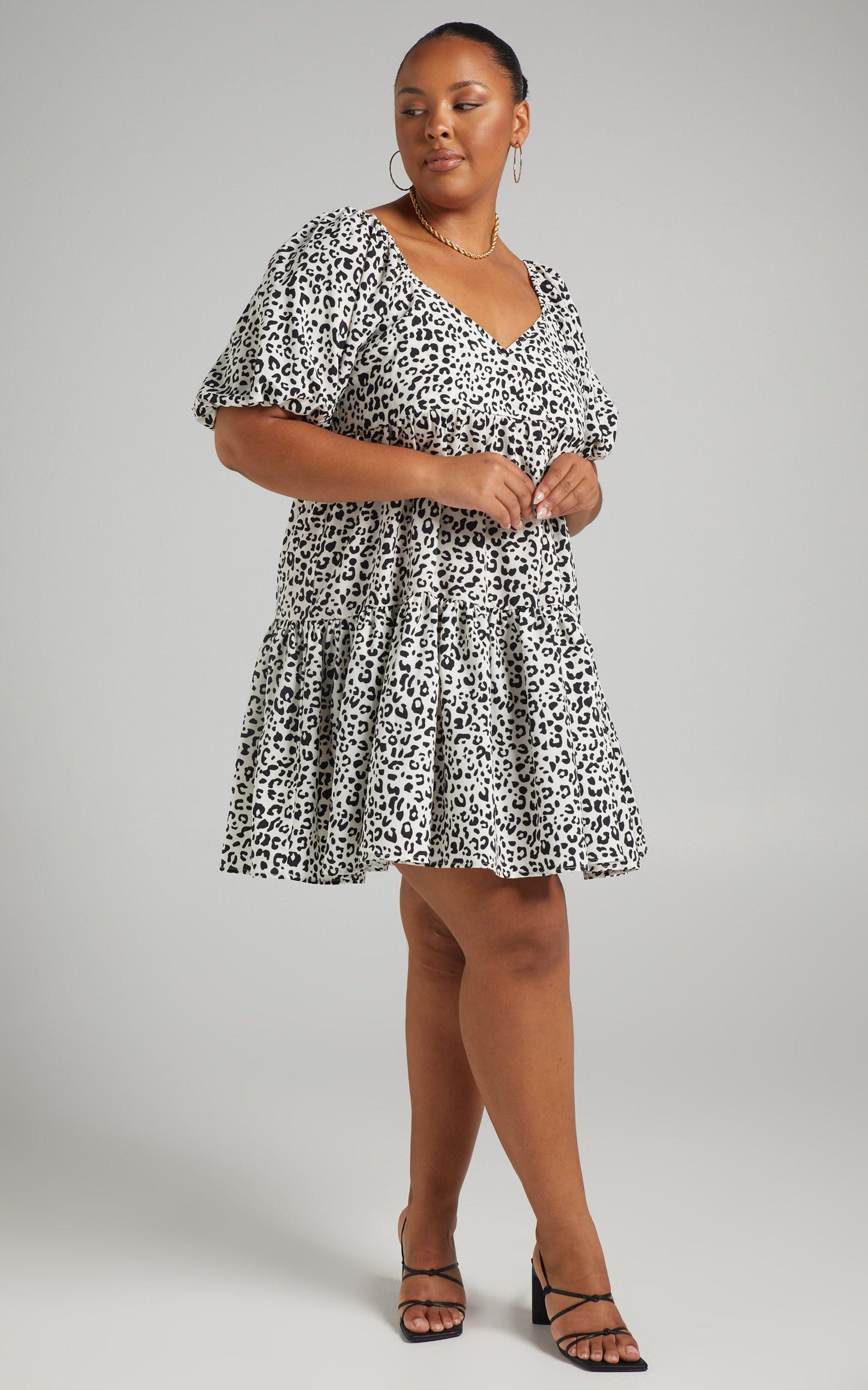 Maggie Puff Sleeve Tiered Mini Dress in Black Print