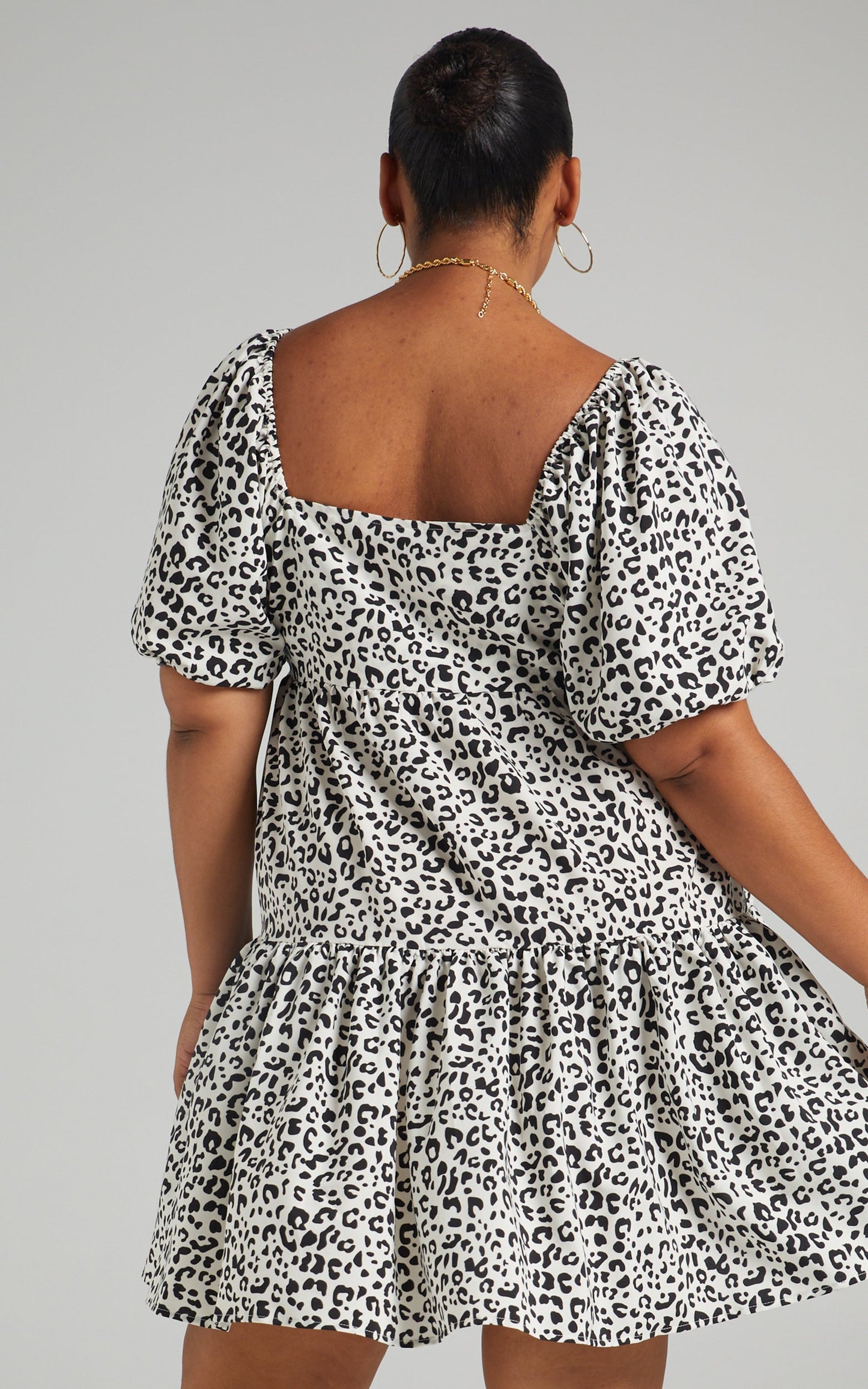 Maggie Puff Sleeve Tiered Mini Dress in Black Print